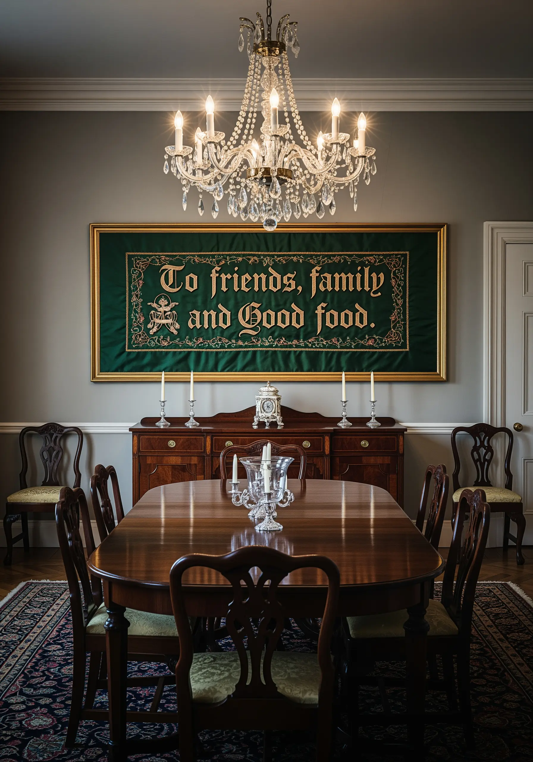 Ornate, traditional gold lettering embroidered on a large green banner in a formal dining room.