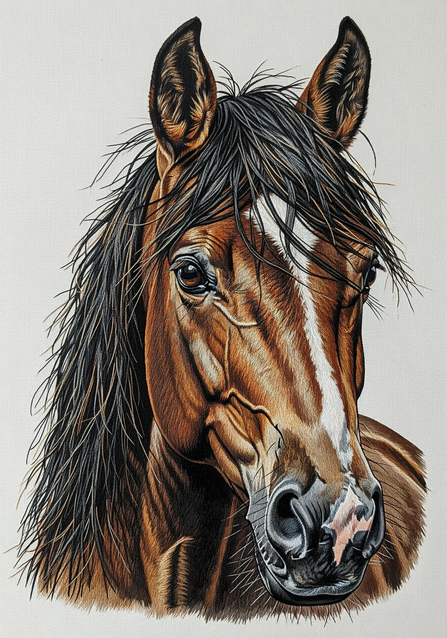 A hyper-realistic thread-painted portrait of a brown horse with a flowing mane.