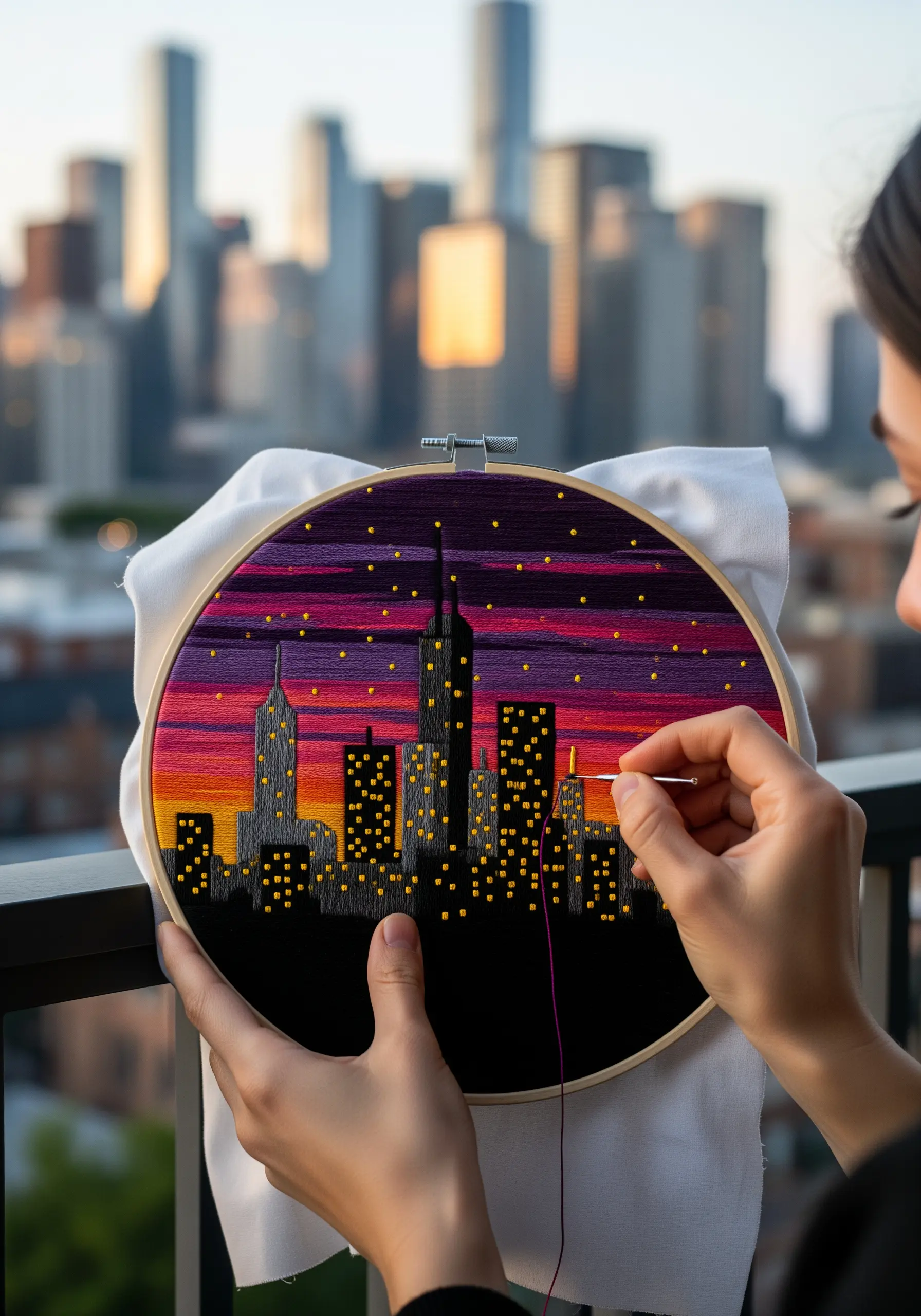 Embroidering a city skyline at sunset, with a blended satin stitch sky and glowing lights.