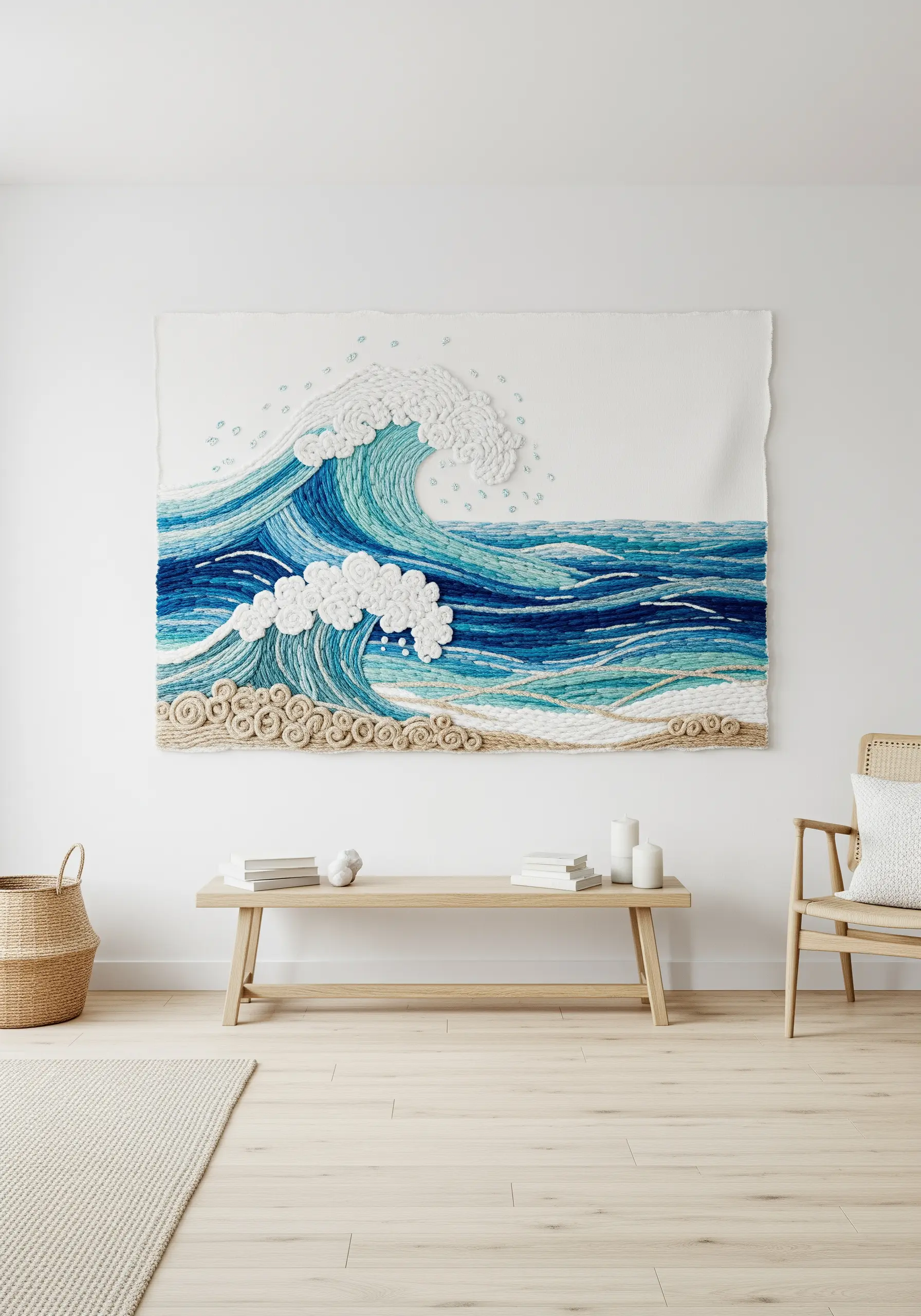 A large, textural embroidered tapestry of a cresting ocean wave with French knot foam.