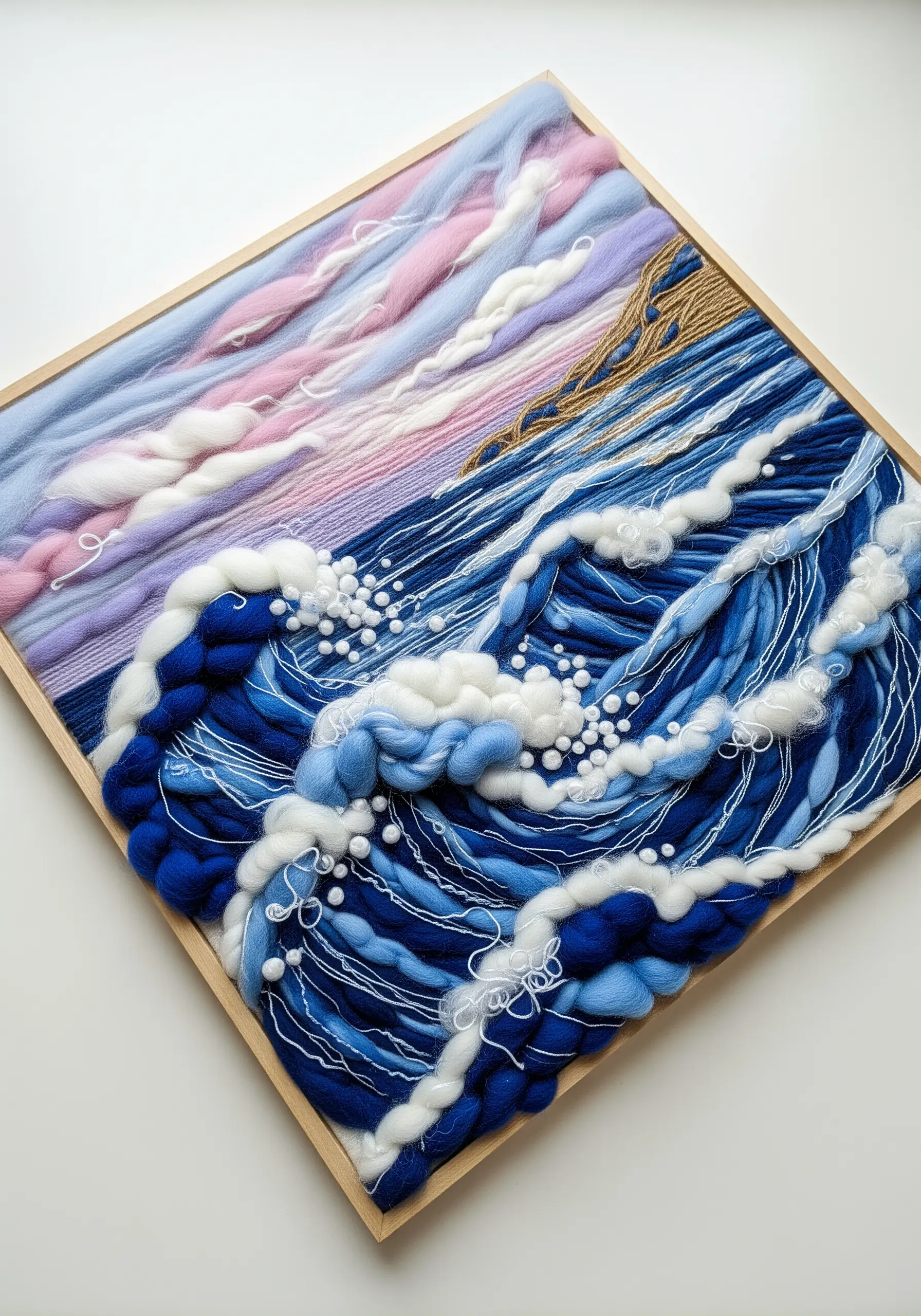 Framed fiber art depicting a seascape with various yarns and wool roving.