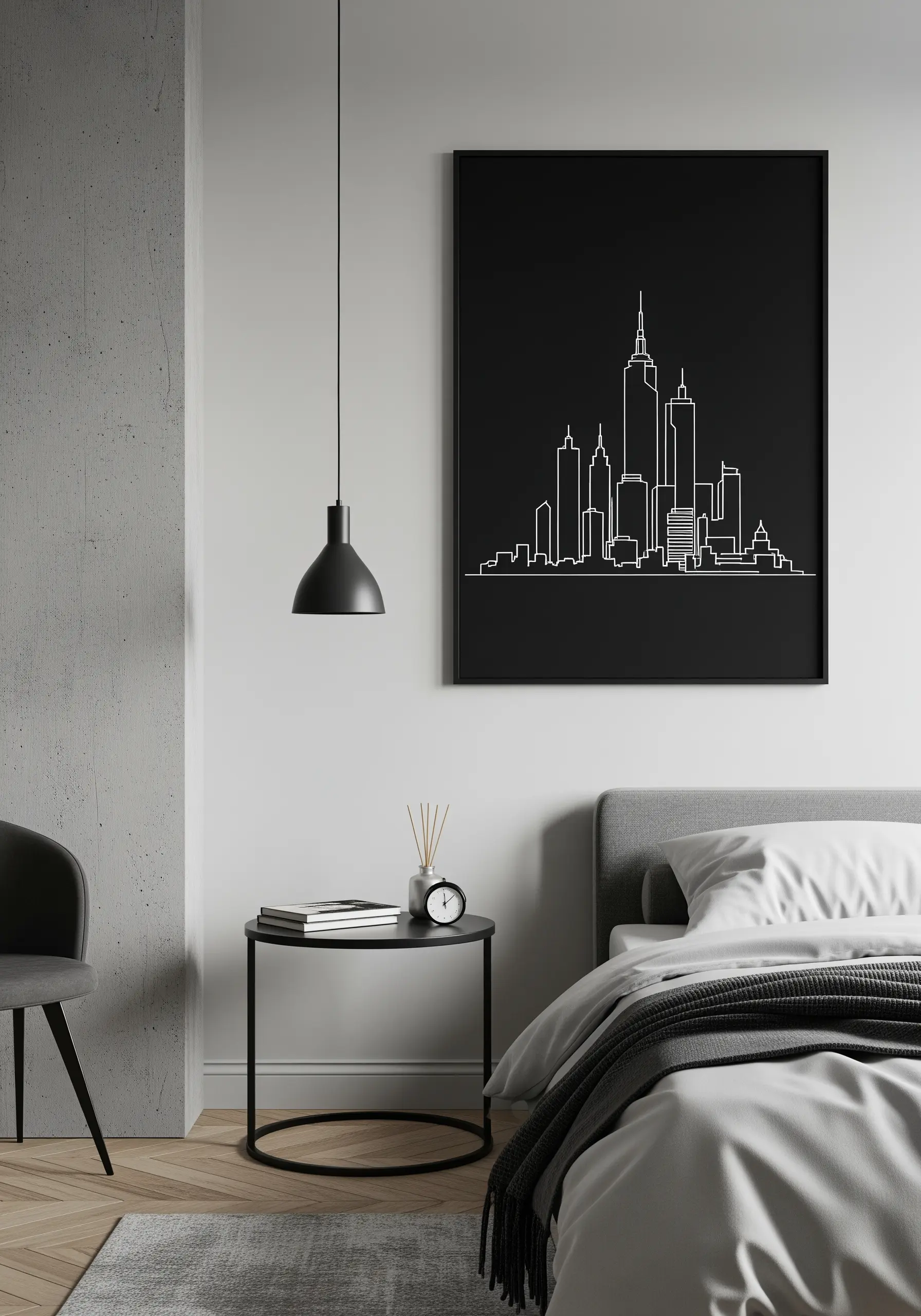 Minimalist line art embroidery of a city skyline in white thread on black fabric, framed.