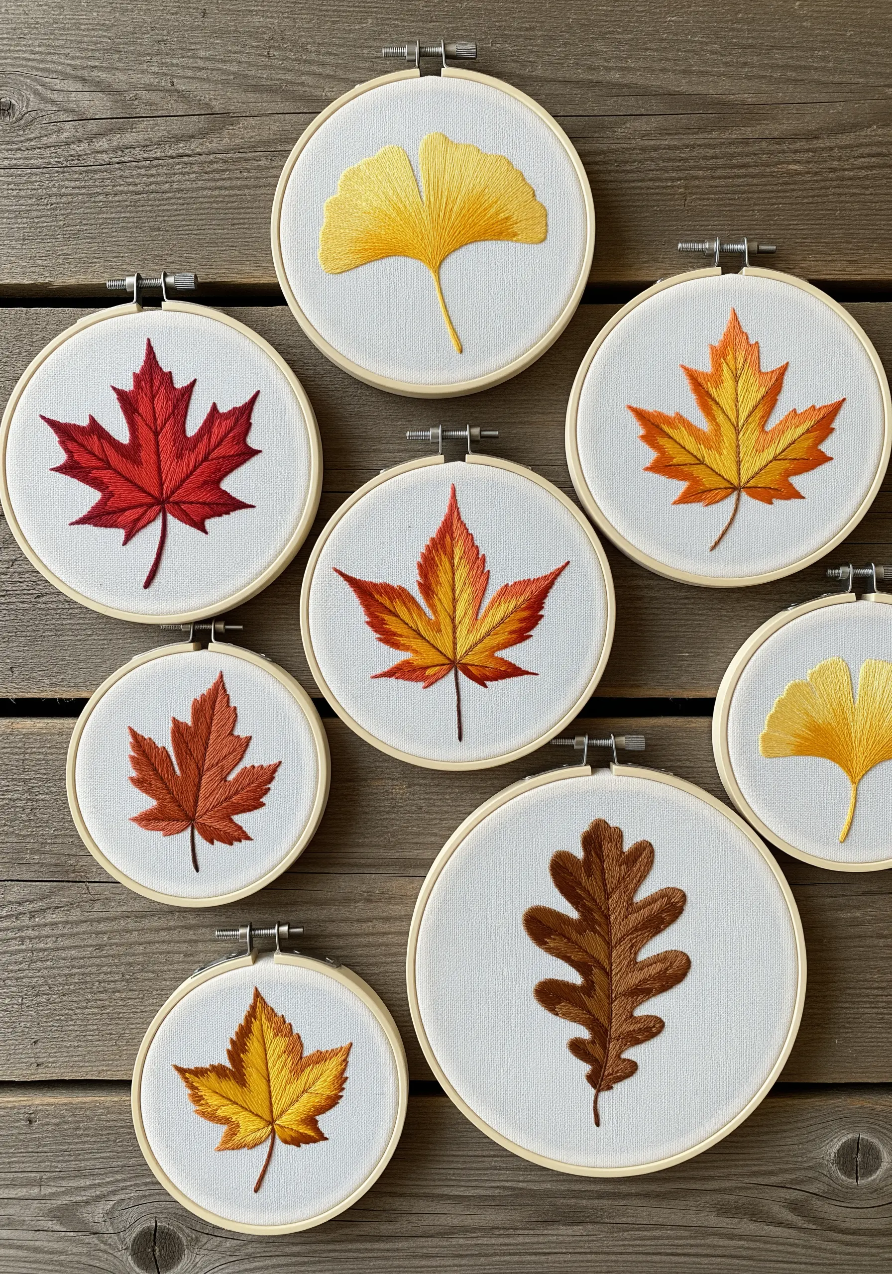 A collection of small embroidery hoops, each featuring a different autumn leaf with blended colors.