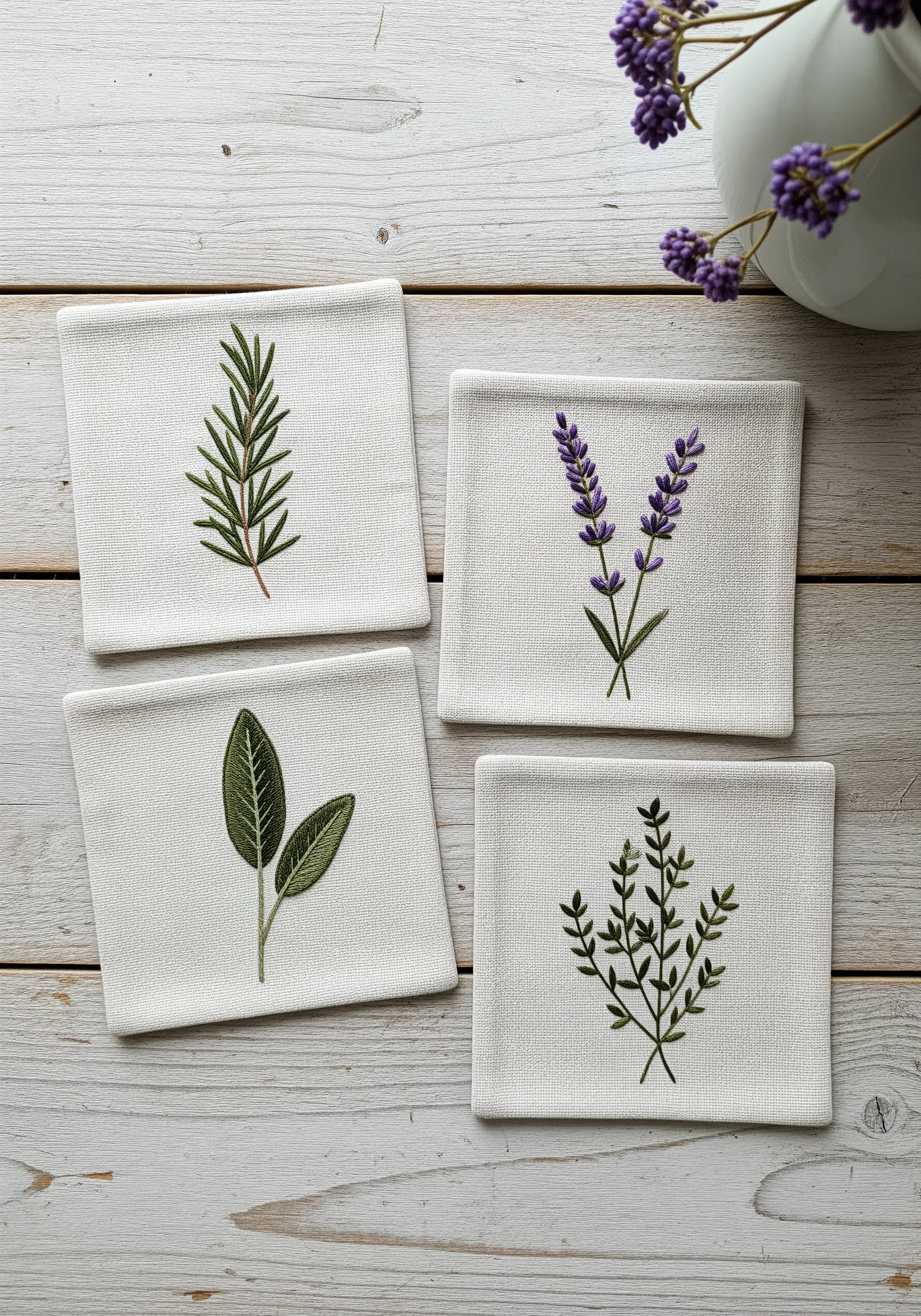Set of four embroidered coasters, each featuring a different herb: rosemary, sage, lavender, thyme.