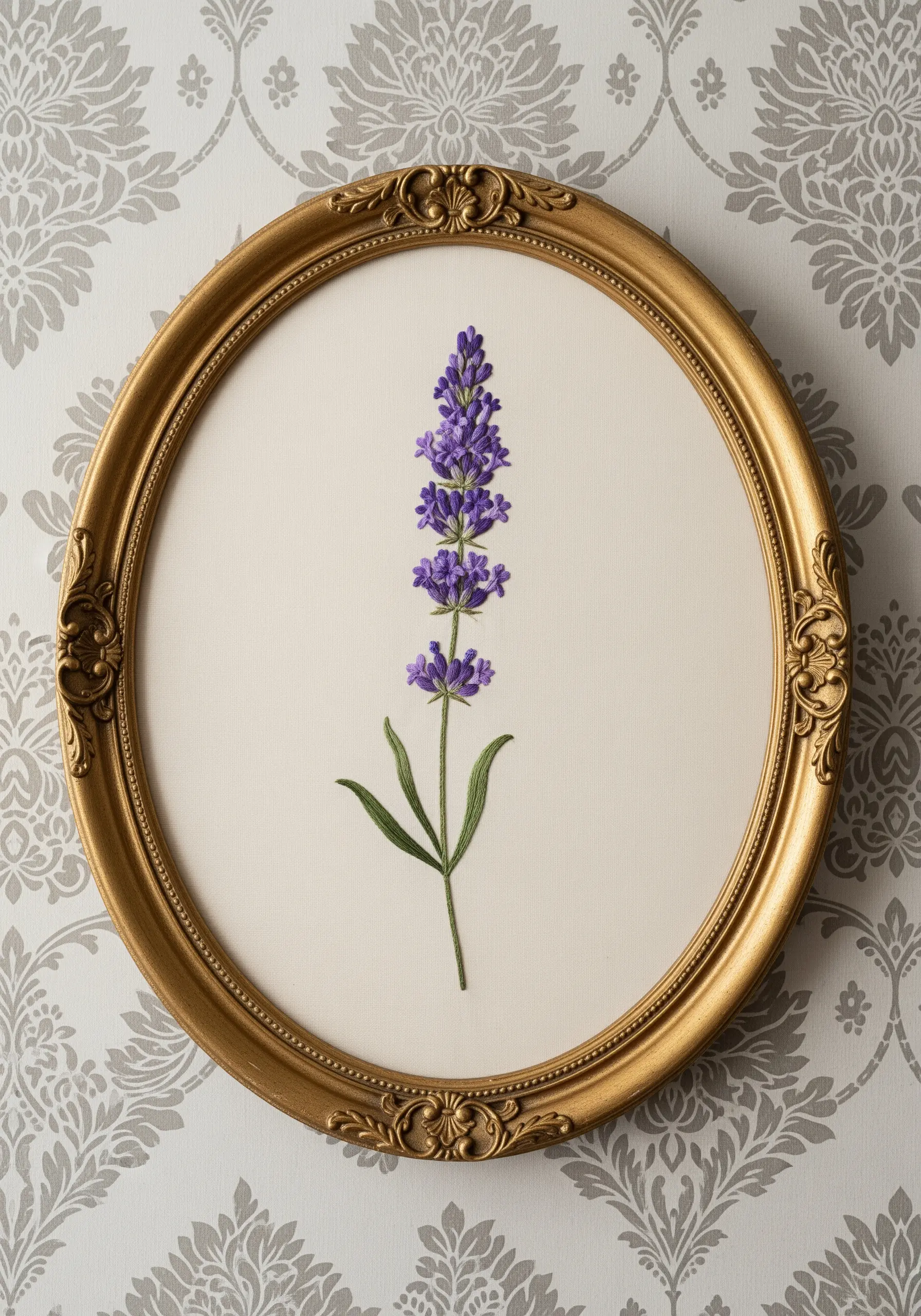 A hyper-realistic single lavender stem embroidered and displayed in a gold oval frame.