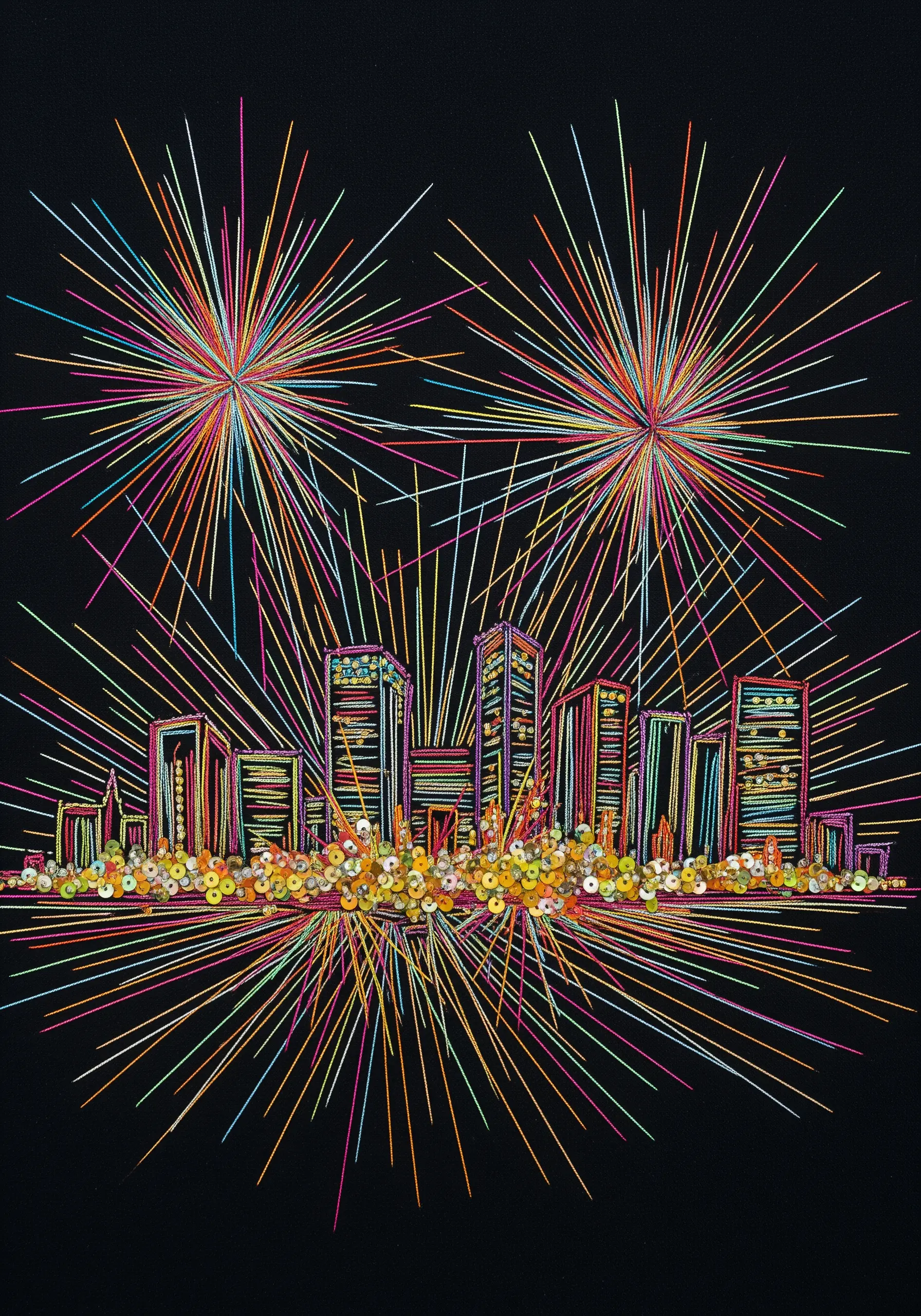 Embroidered city skyline with colorful fireworks made from radiating stitches and a base of gold sequins.