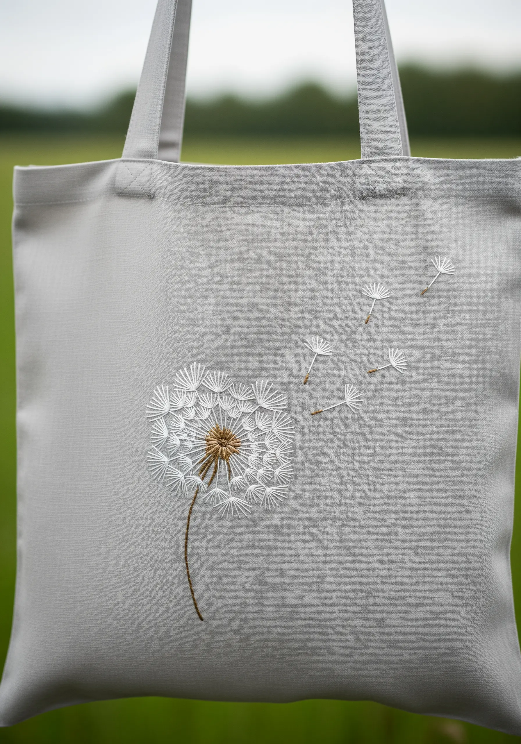 Delicate white dandelion clock with seeds blowing in the wind, embroidered on a grey tote