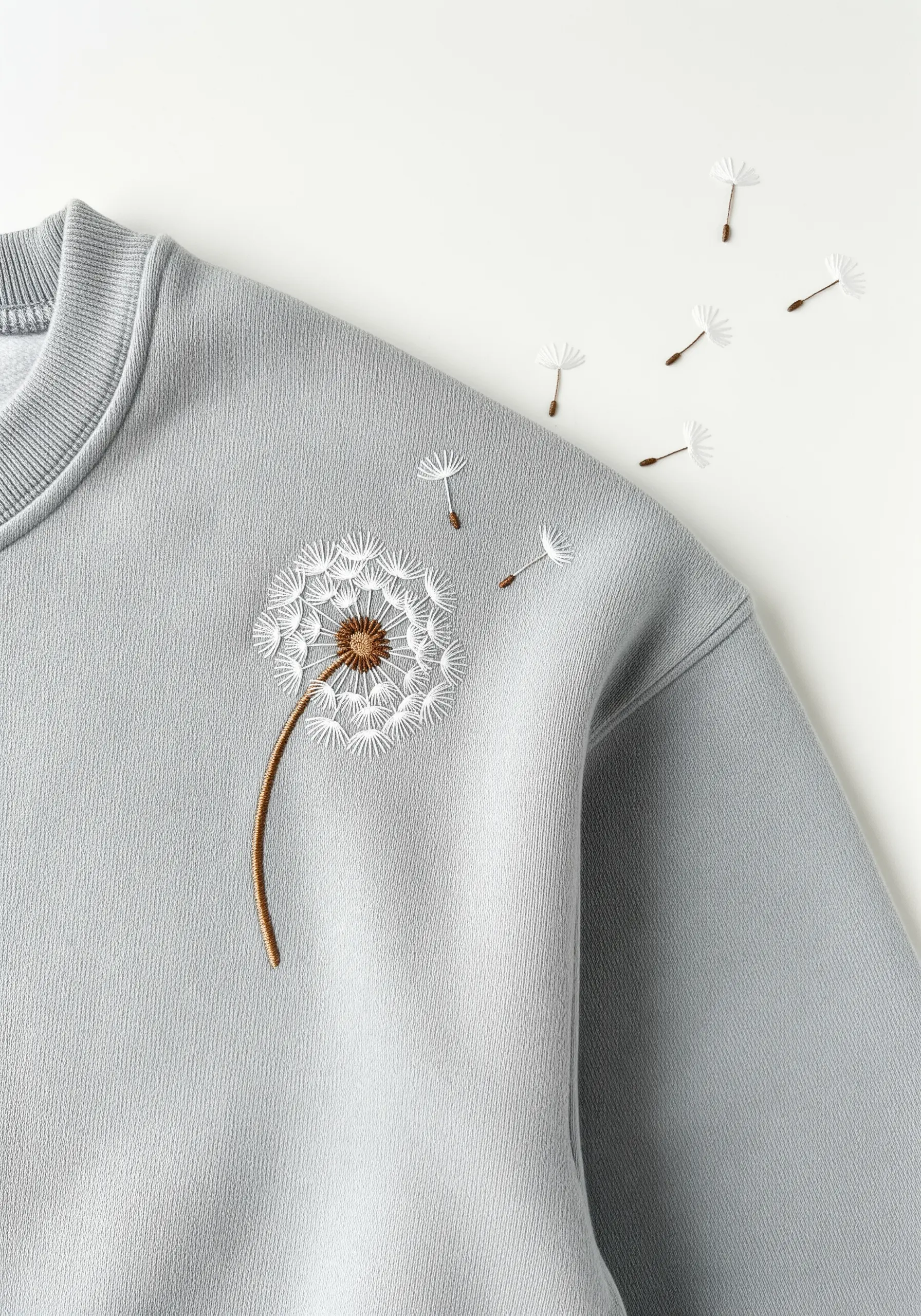 A dandelion with seeds blowing across the shoulder of a gray sweatshirt.