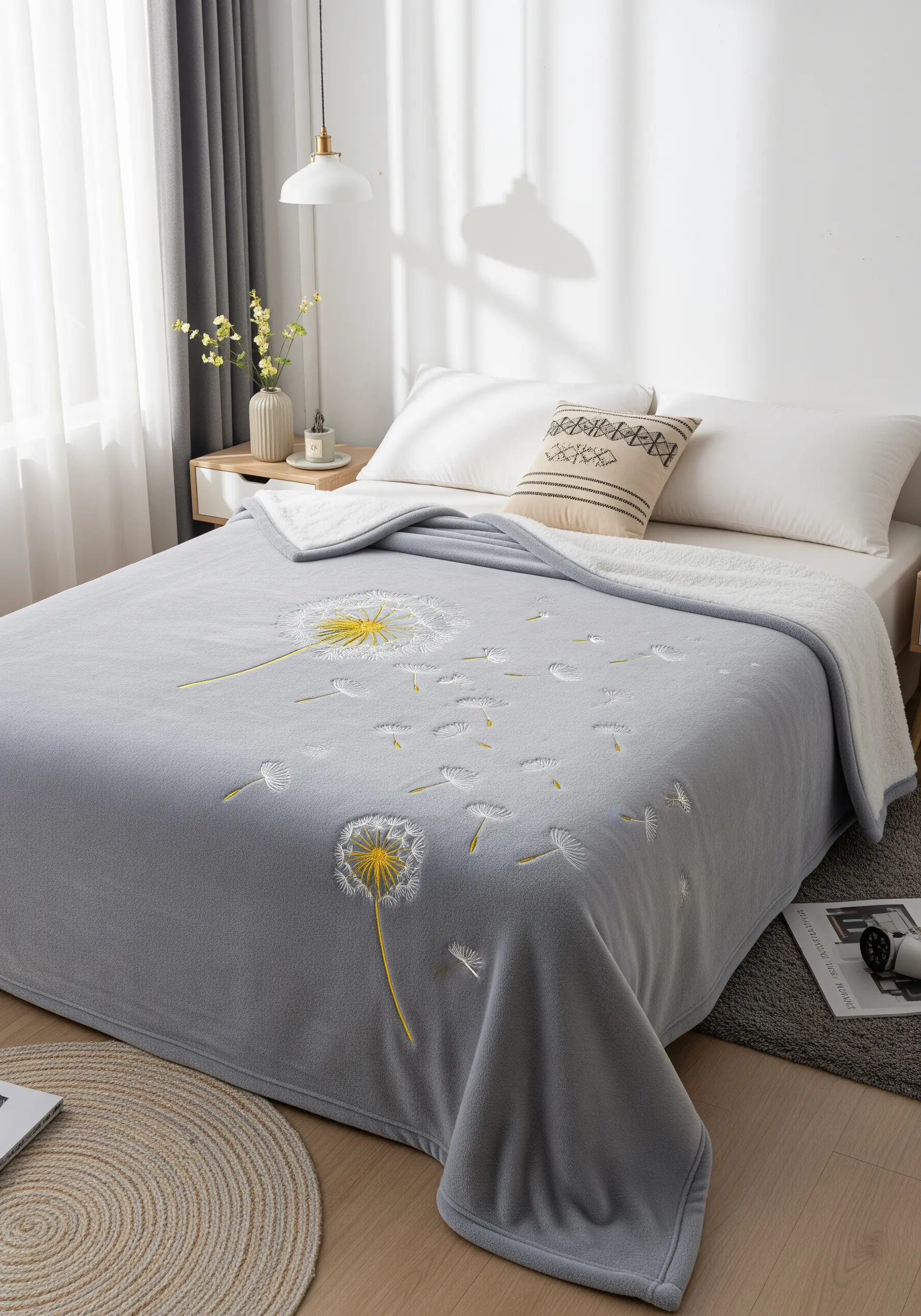 A large embroidered dandelion with seeds blowing across a light blue fleece blanket.