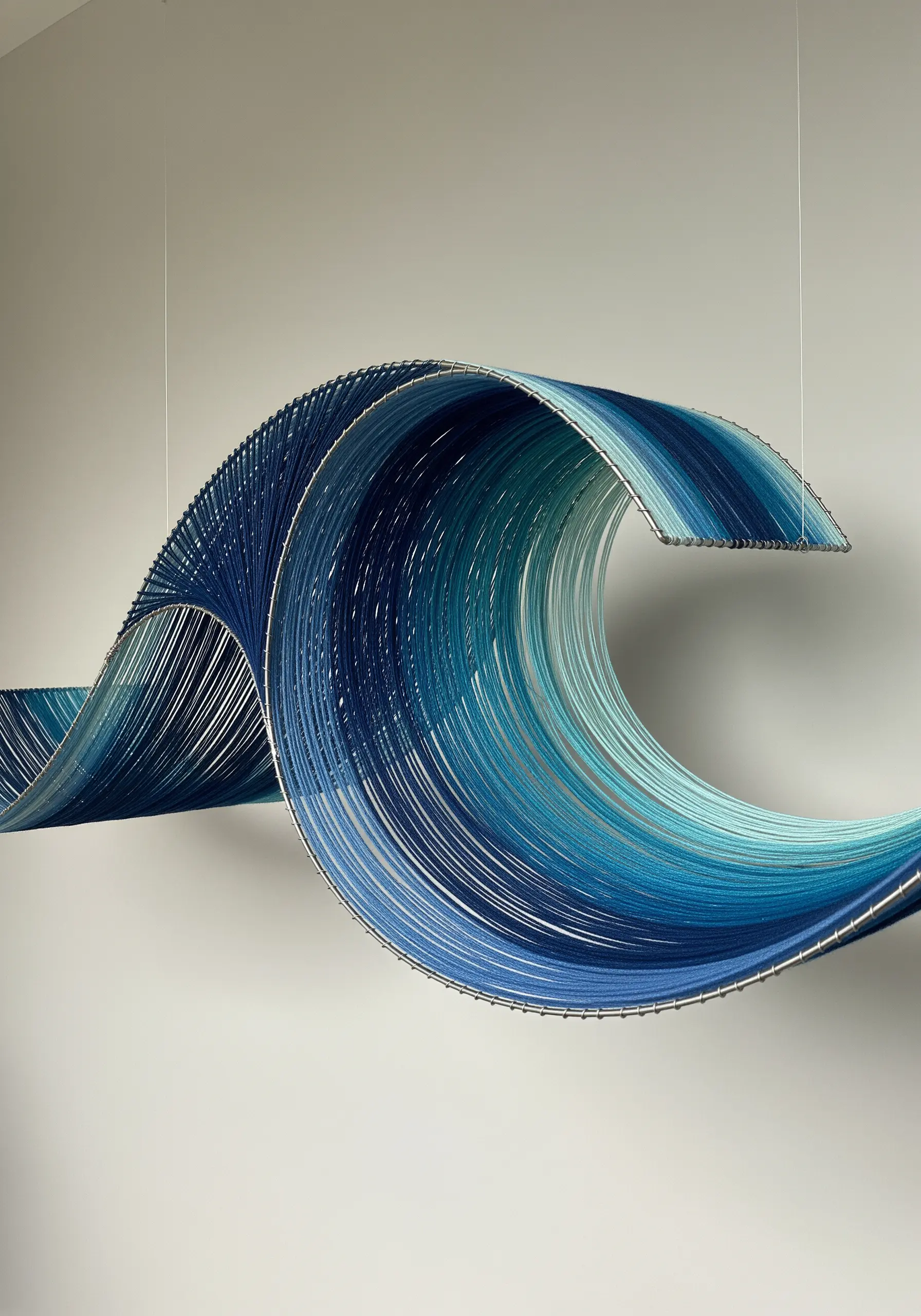 A suspended sculpture of a wave made from blue and teal threads stretched over a curved wire frame.