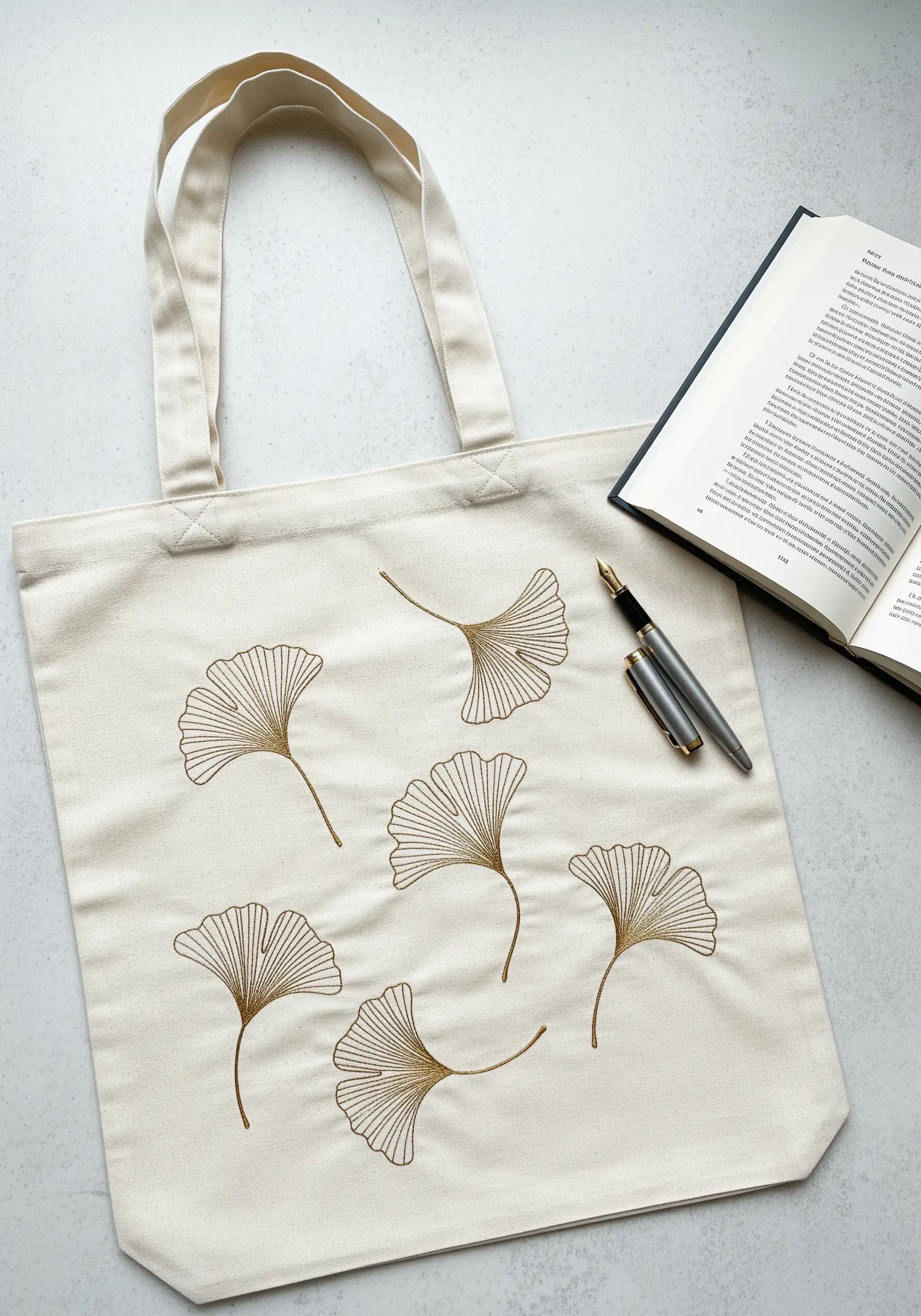 Delicate ginkgo leaves embroidered in a single shade of gold on a canvas tote bag