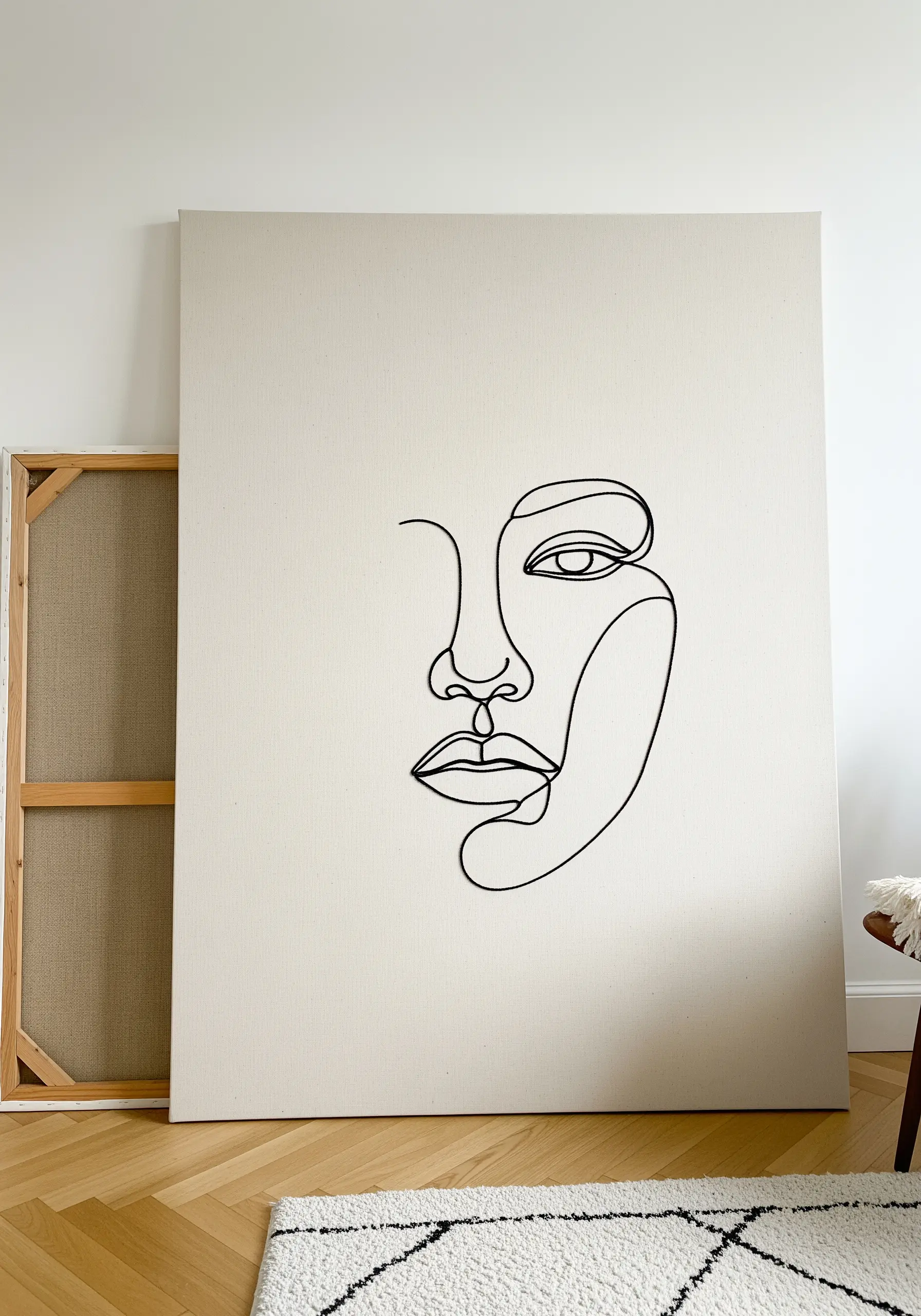 A large canvas with a minimalist, single-line drawing of a face stitched in black thread.