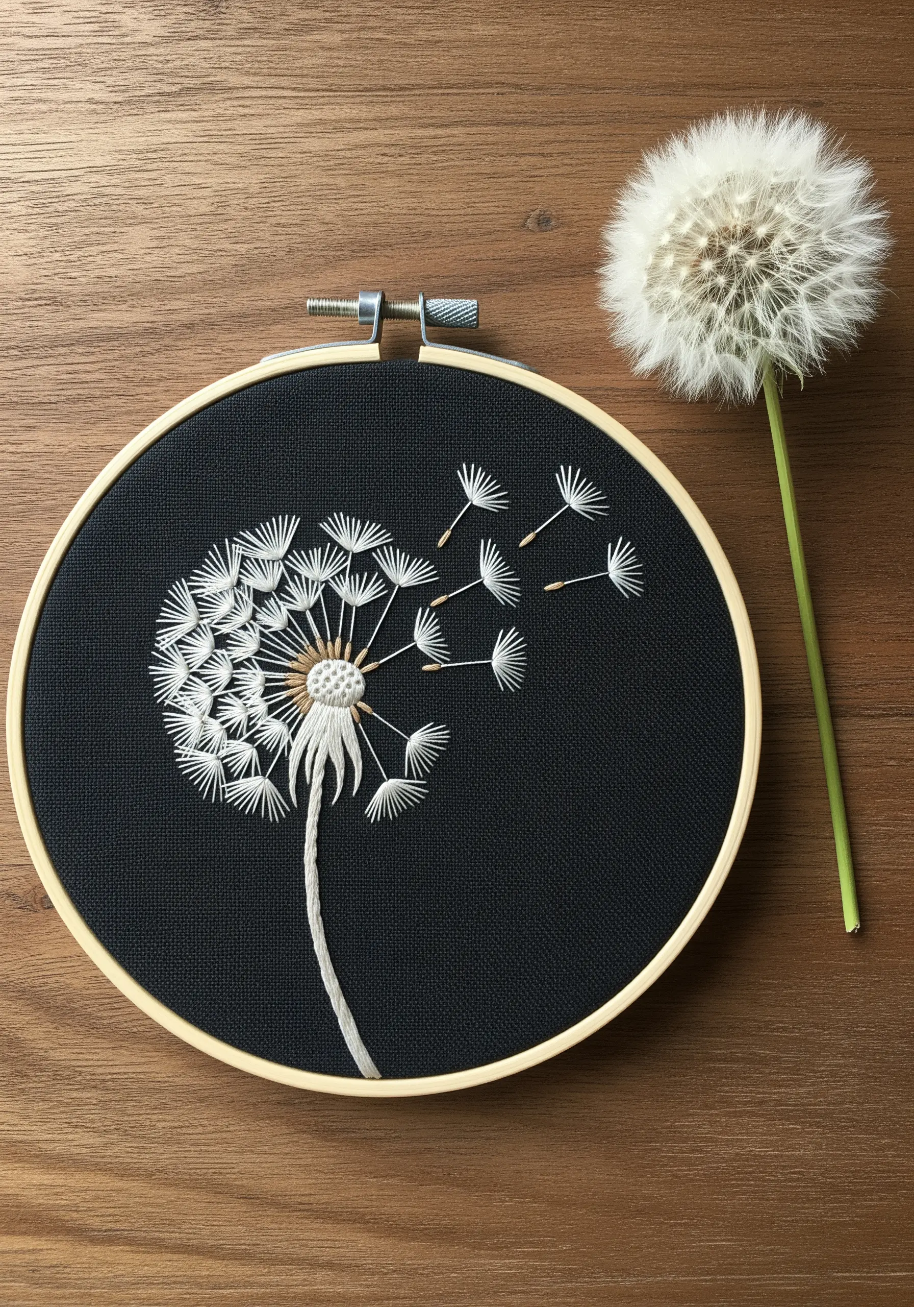 White dandelion embroidery on black fabric, with seeds blowing in the wind.