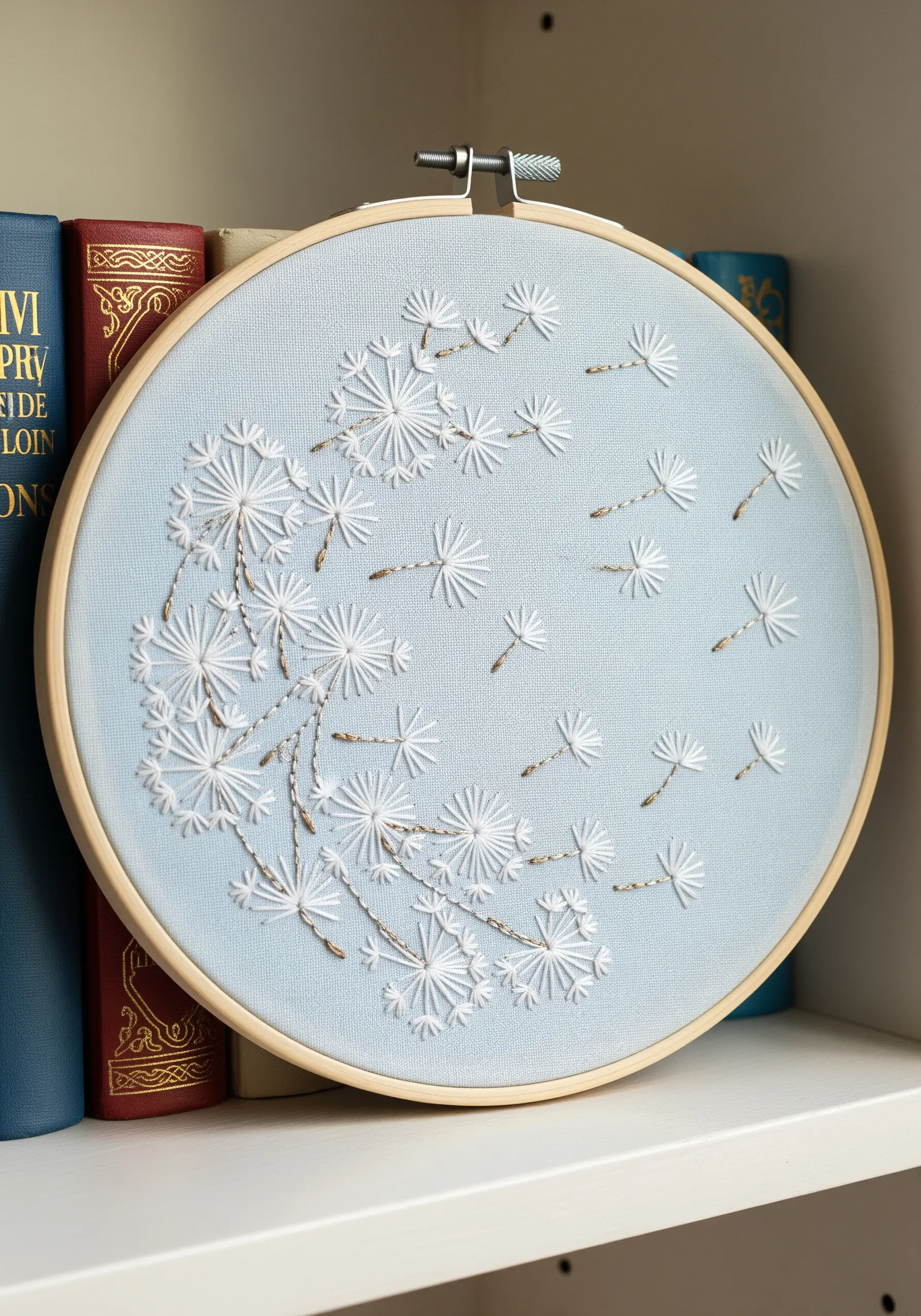 Embroidery of white dandelion puffs blowing in the wind on light blue fabric.