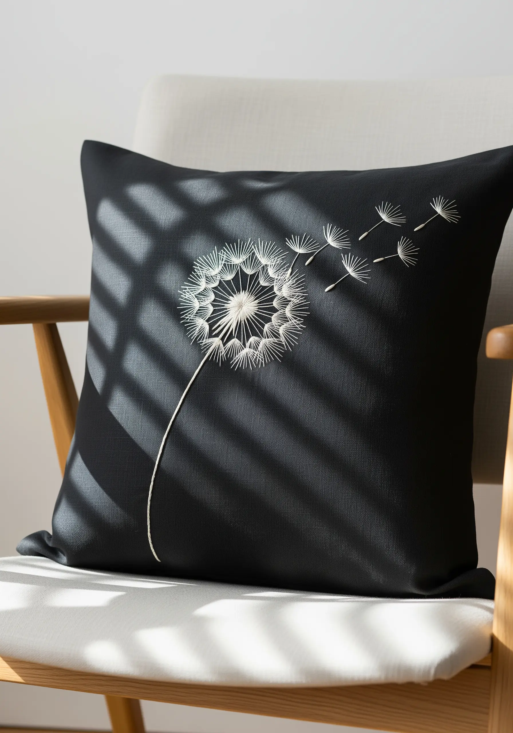 Delicate white dandelion embroidery on a black pillow, with seeds blowing in the wind.