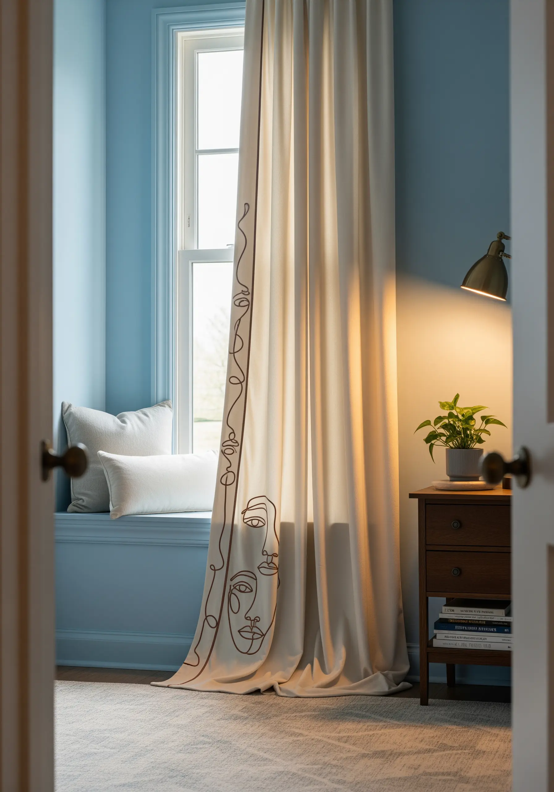 Minimalist single-line face drawings embroidered down the edge of a cream curtain.