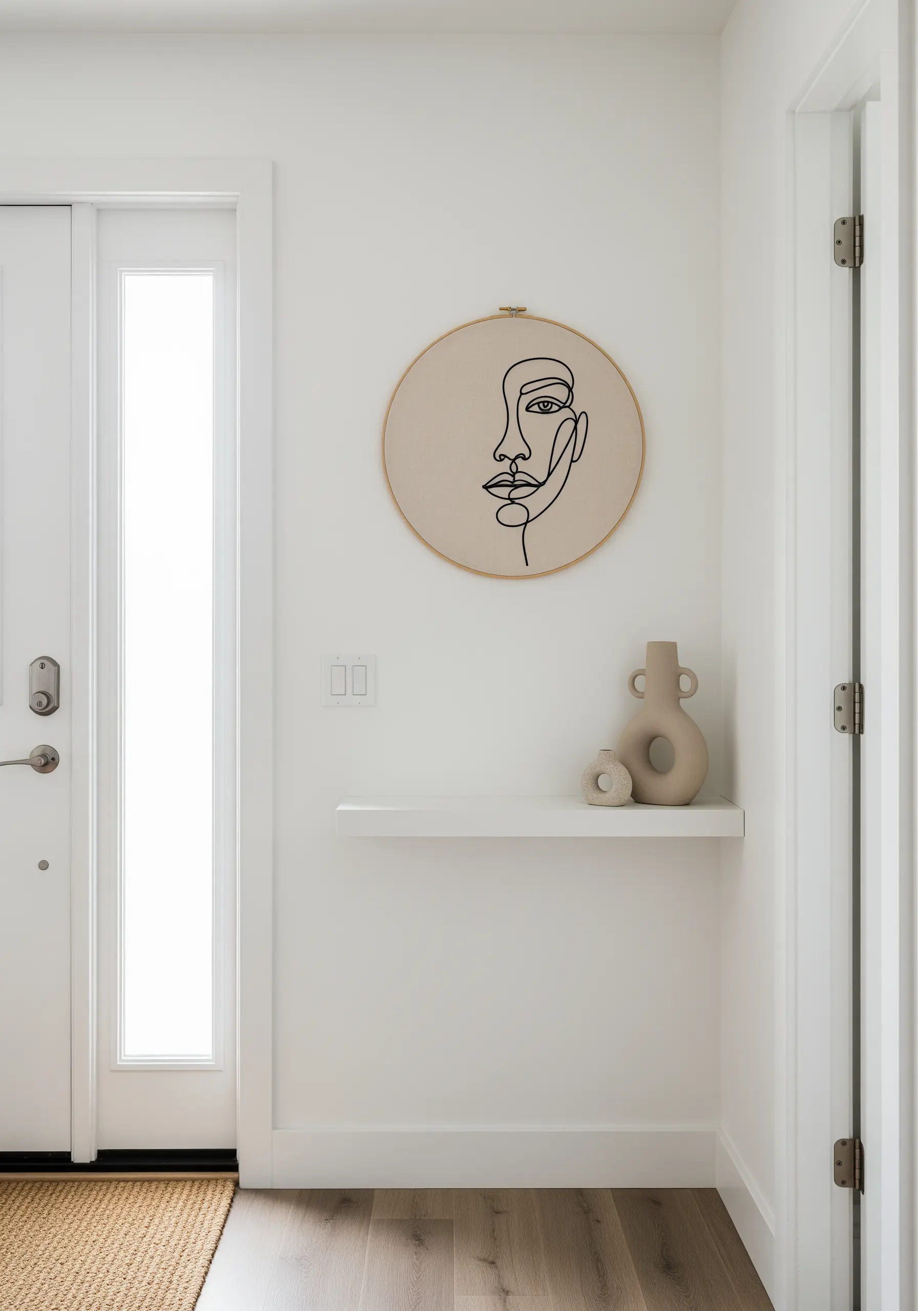 Minimalist continuous line art of a face, stitched in black thread on neutral fabric.