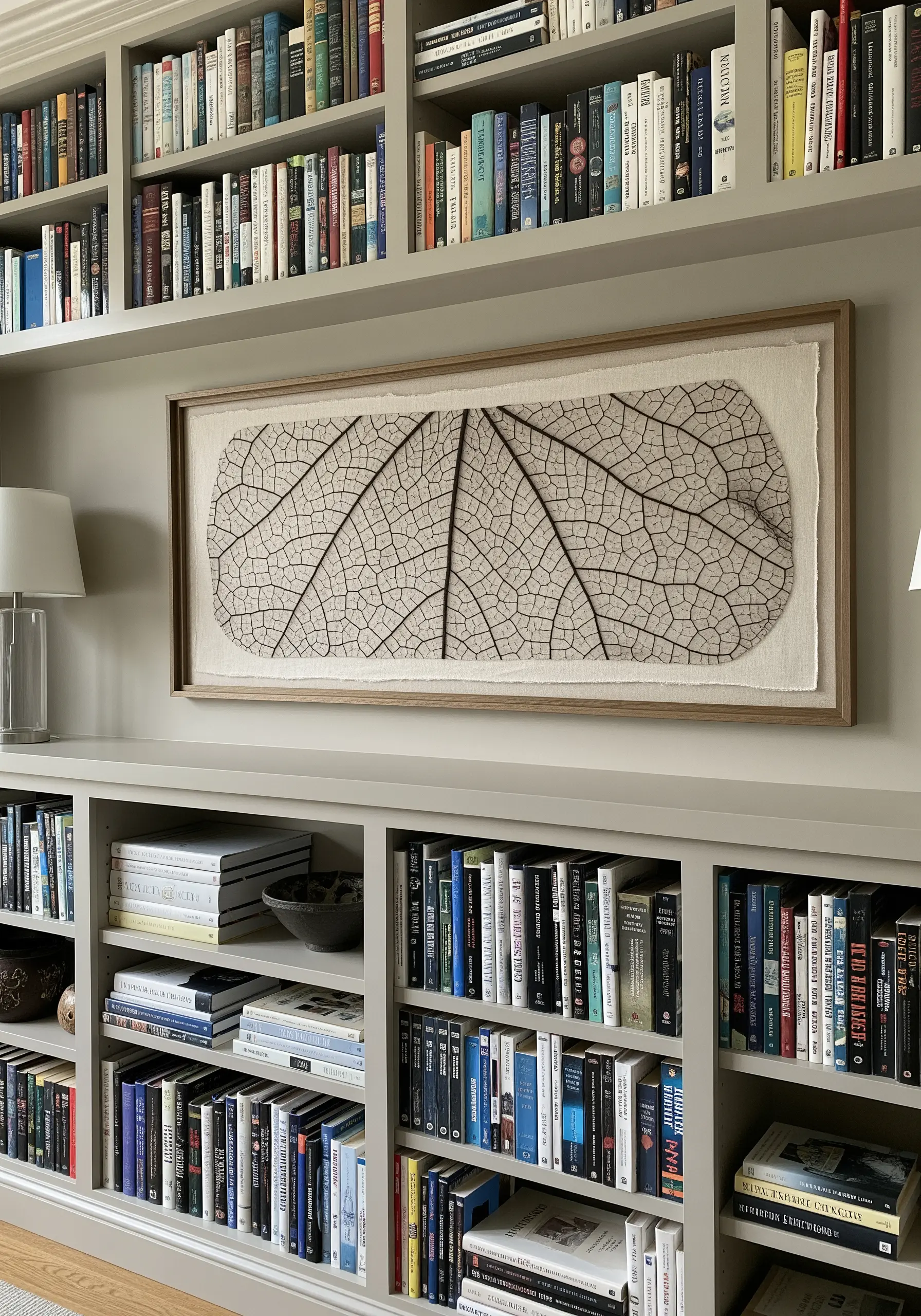 A long, framed embroidery piece showing the intricate vein structure of a leaf skeleton.