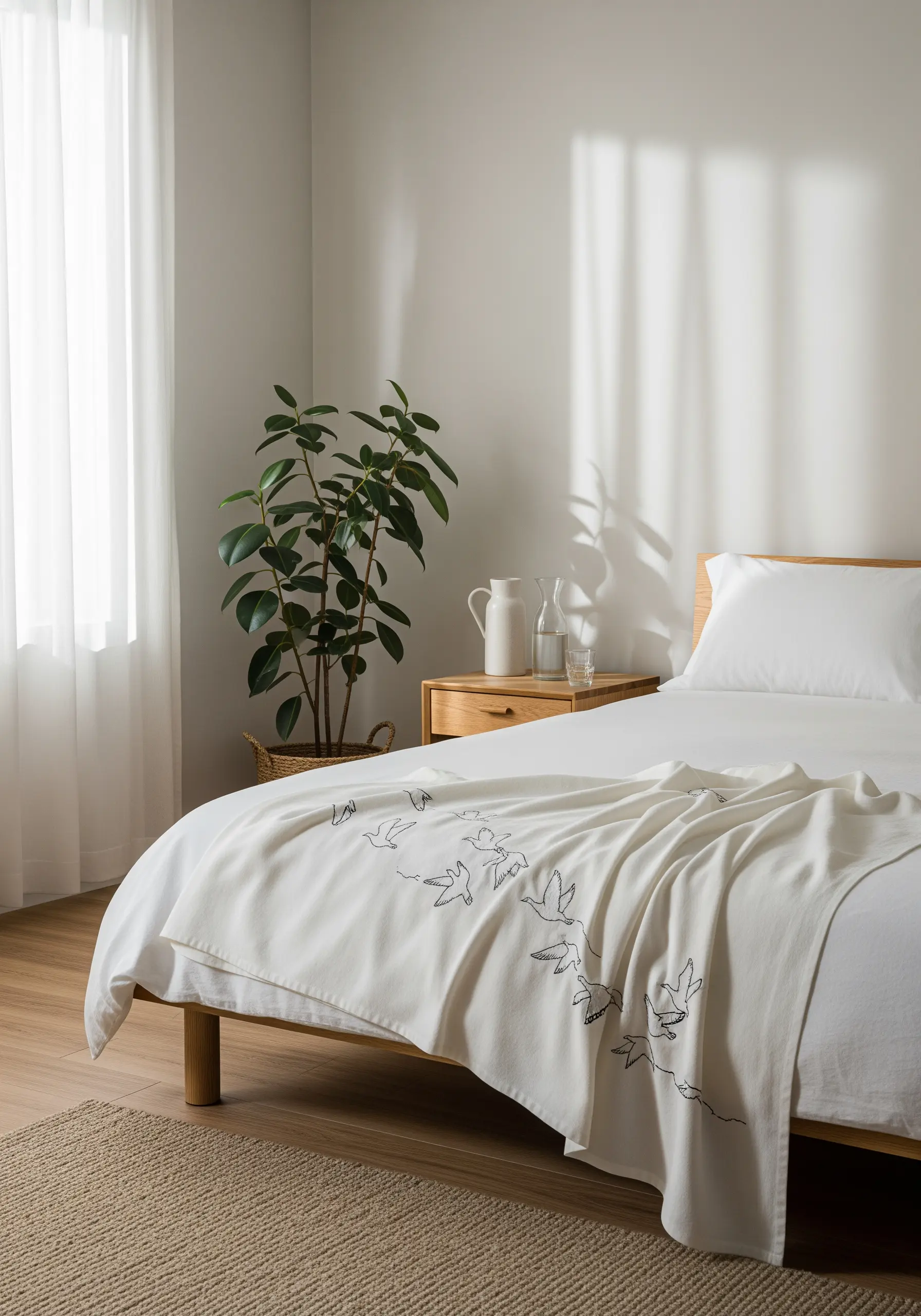 A flock of birds embroidered in minimalist black line art on a white blanket.