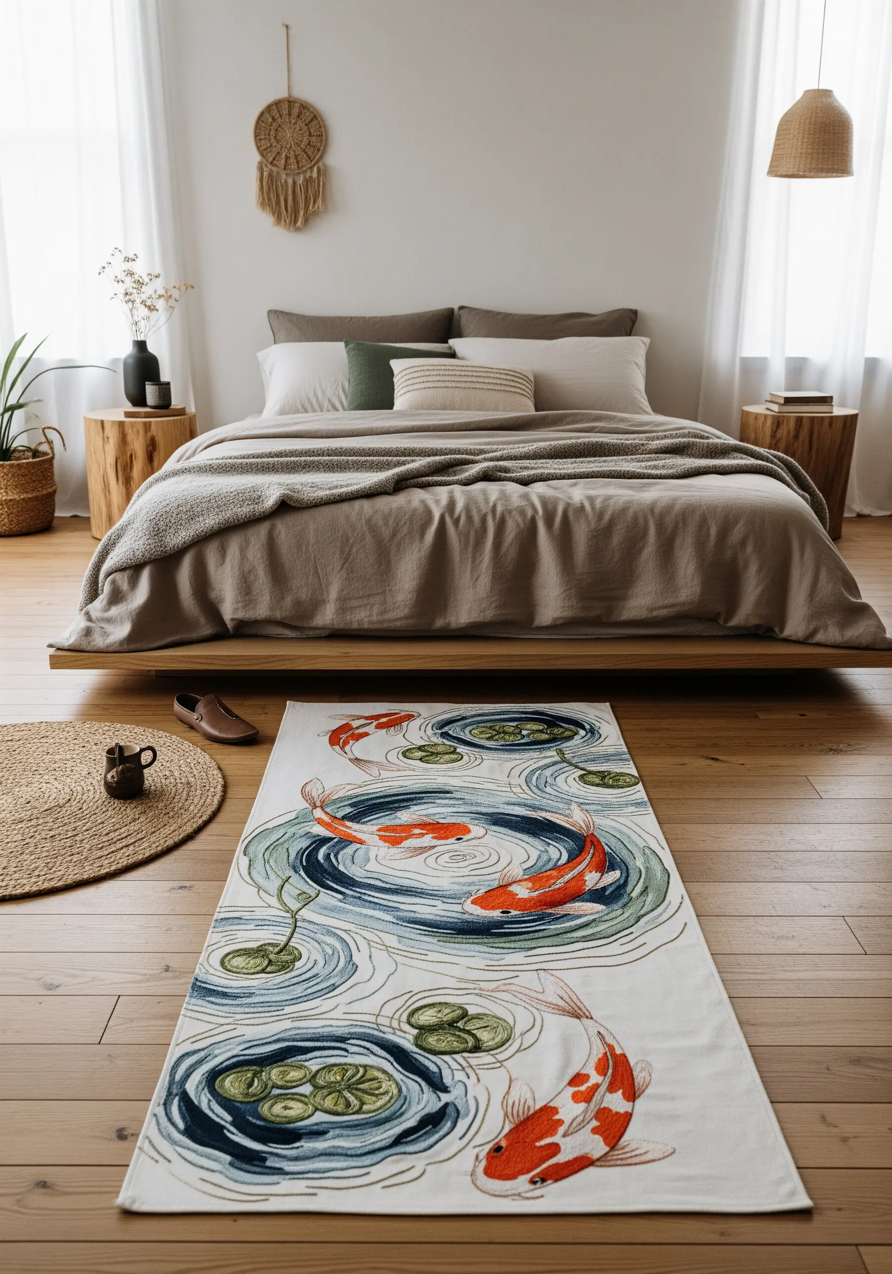 Embroidered floor runner featuring koi fish swimming in concentric water ripples.