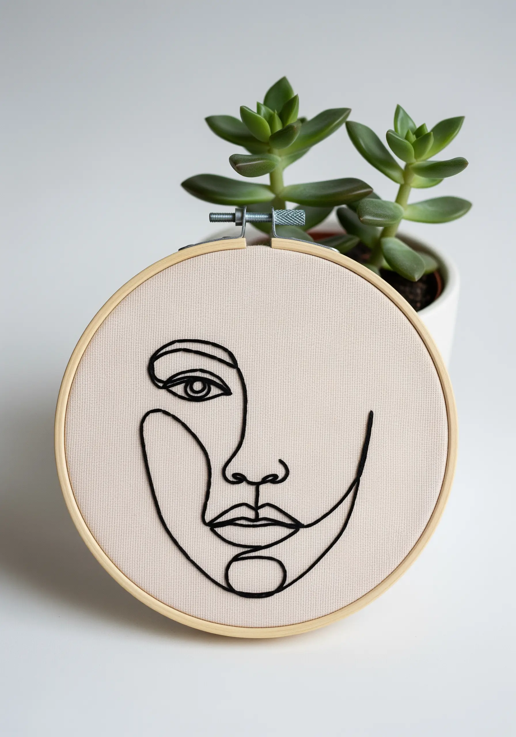 A minimalist face embroidered in a single continuous black line on neutral fabric.