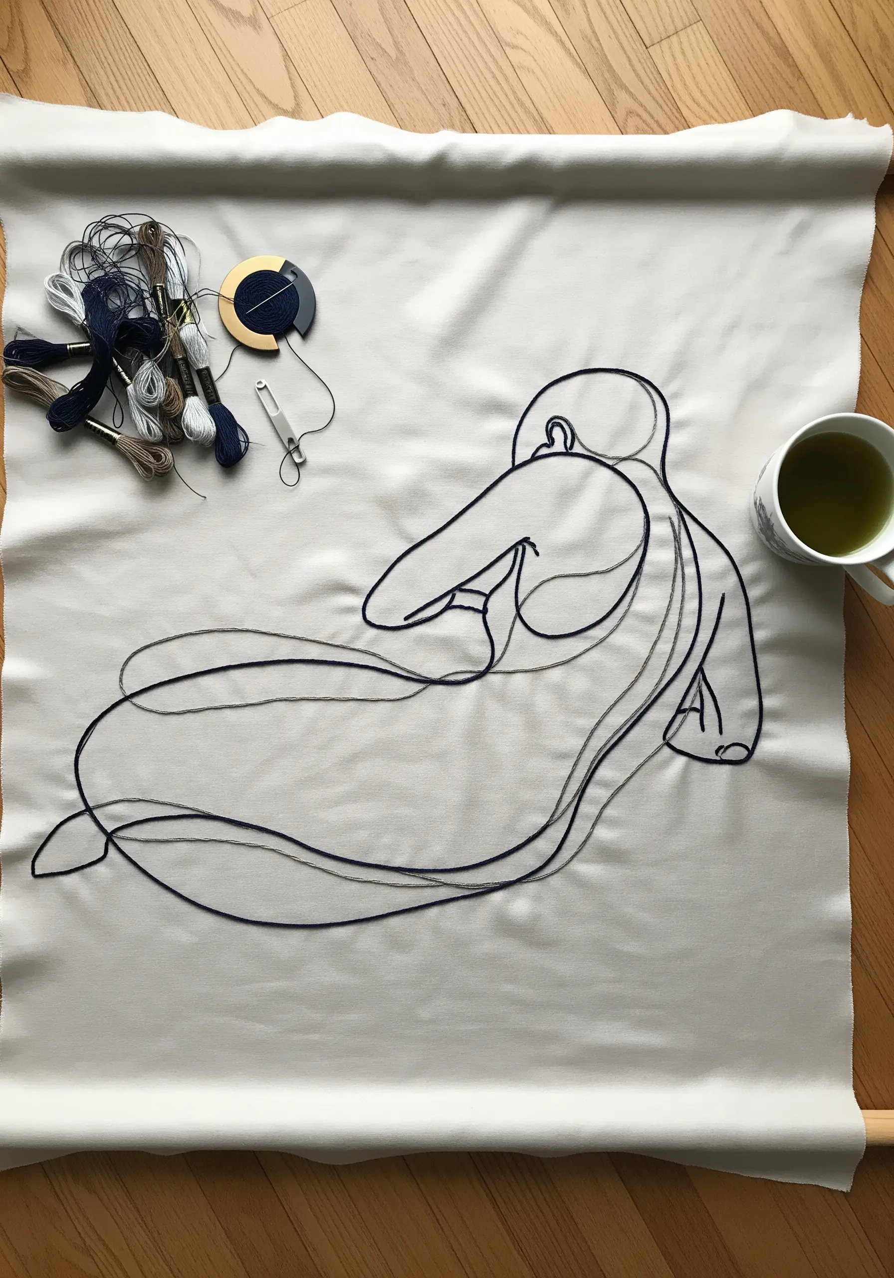 Large-scale continuous line art of a reclining figure stitched in blue and grey threads.