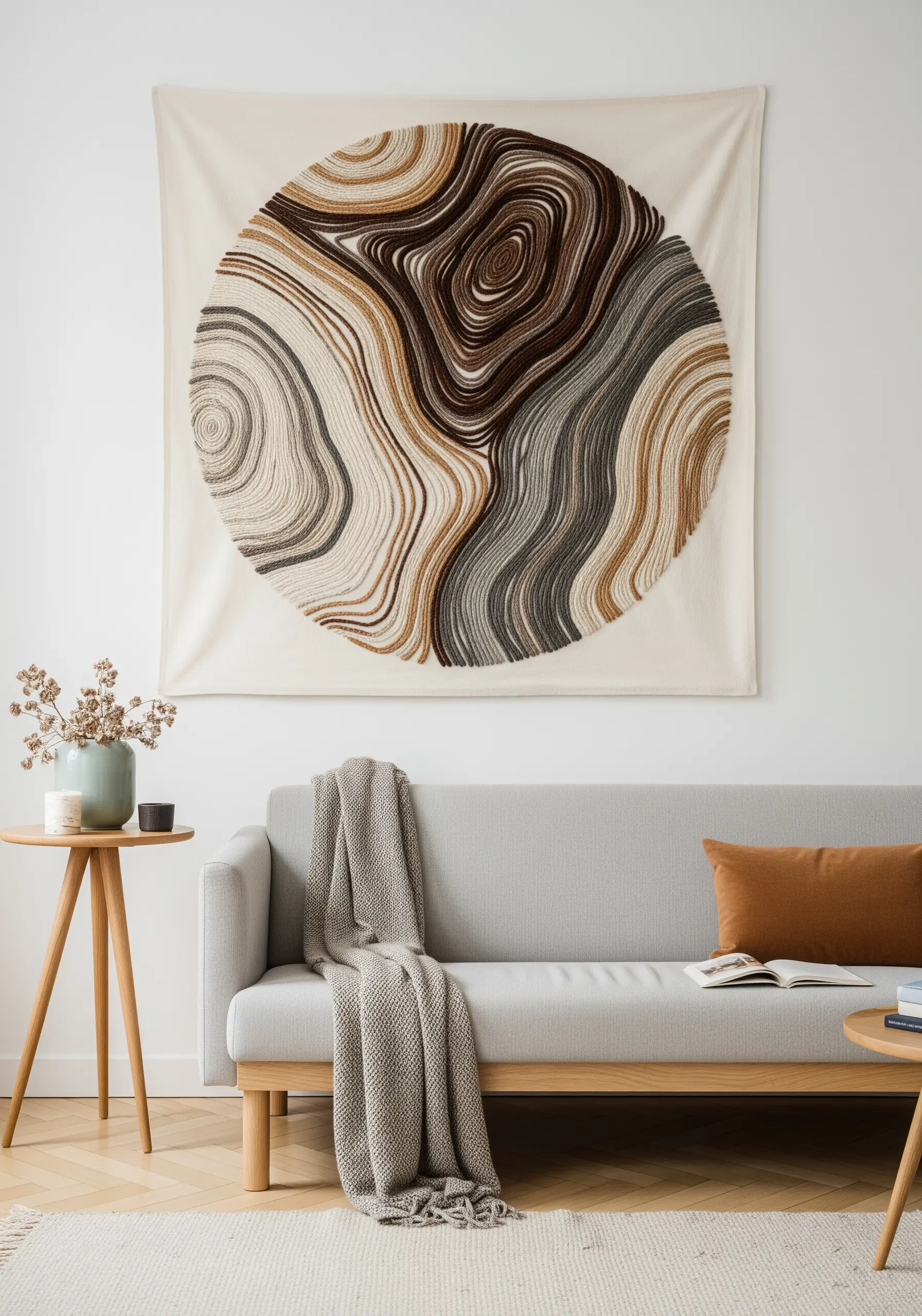 Large circular wall hanging with embroidered agate-like patterns in brown, grey, and cream.