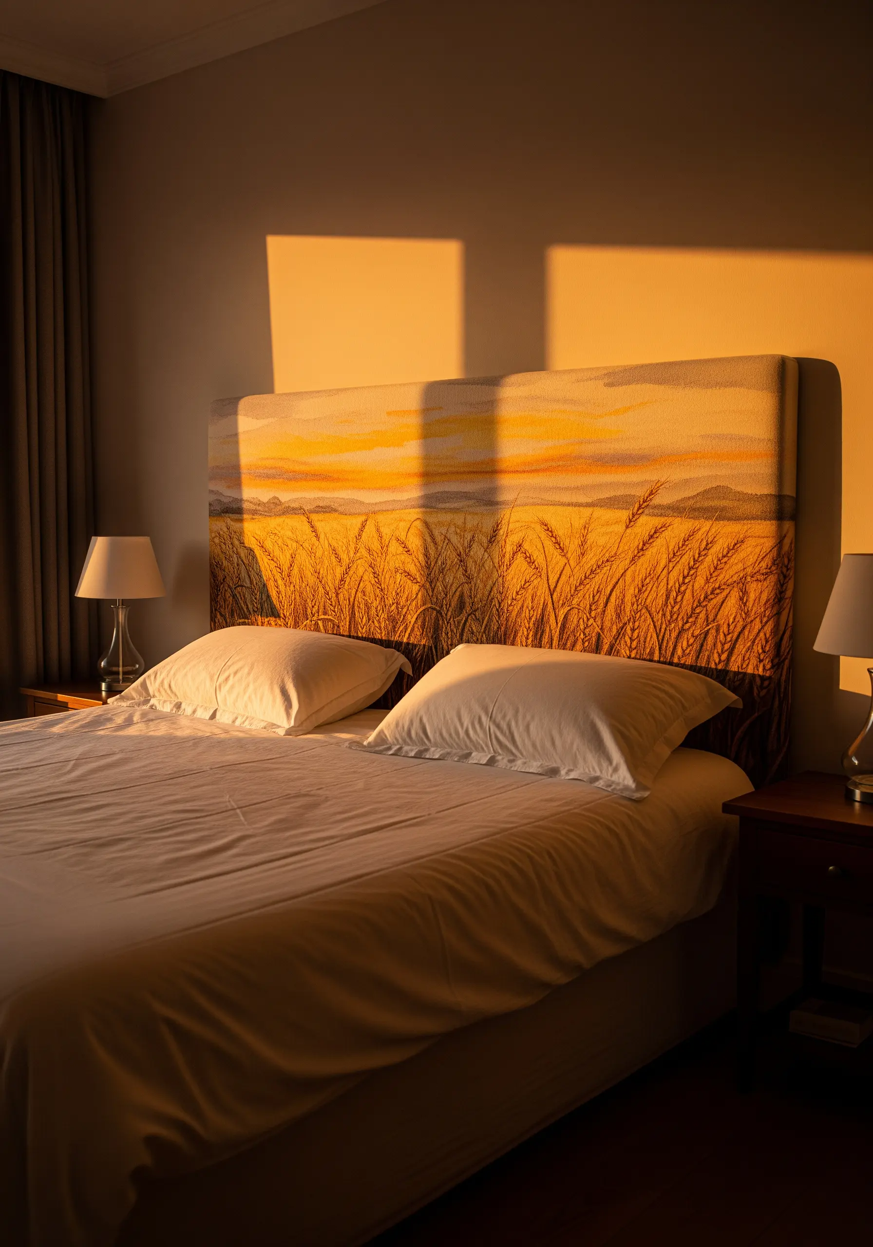 An upholstered headboard embroidered with a golden wheat field at sunset.