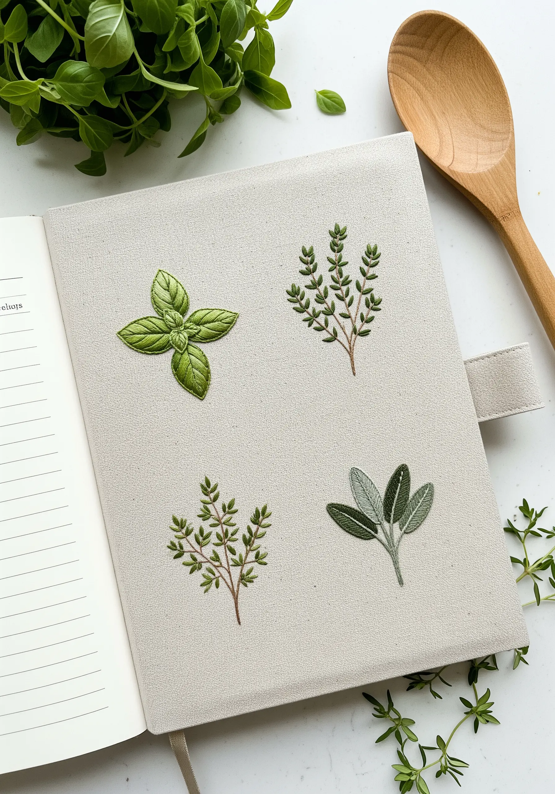 Four embroidered herbs—basil, thyme, oregano, and sage—on a journal cover.