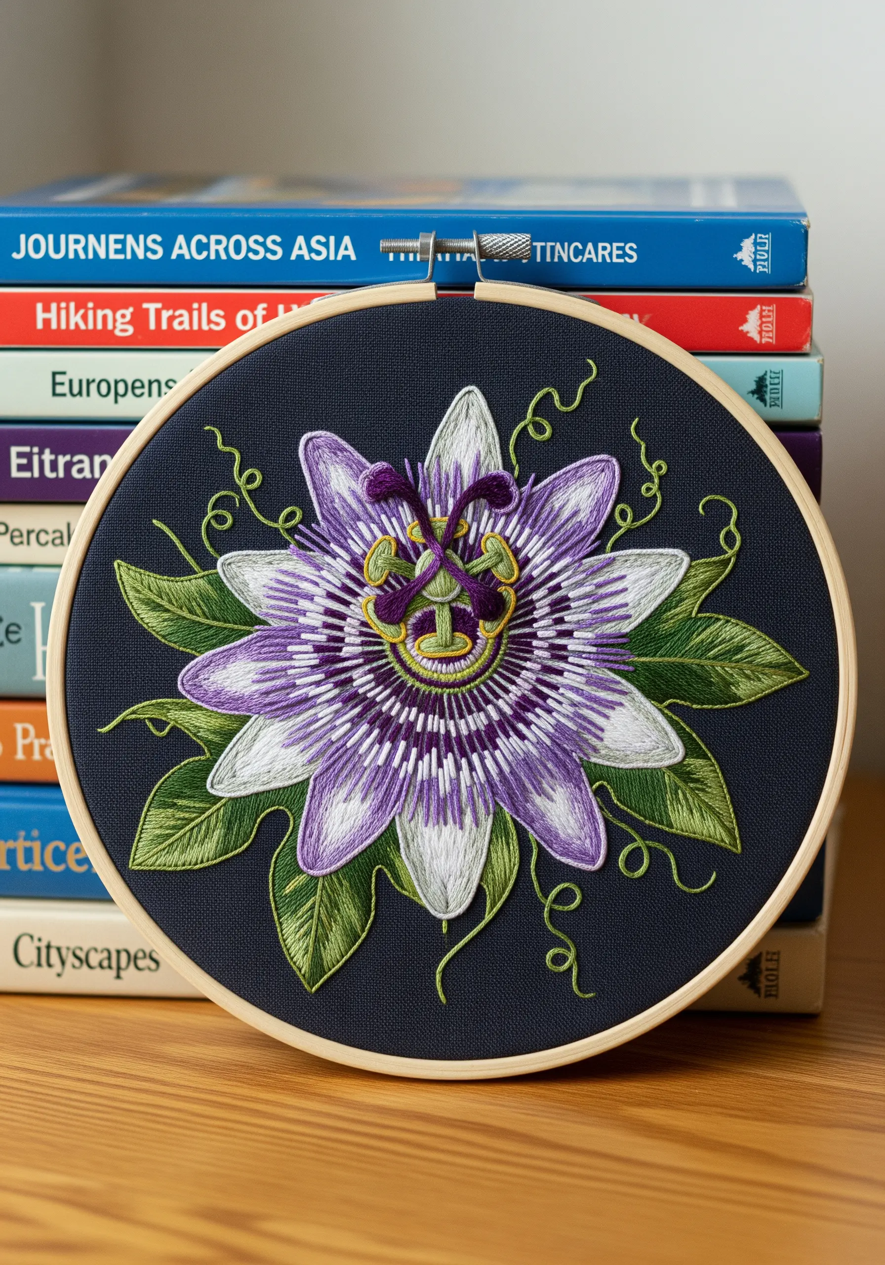 A detailed passion flower with purple and white petals embroidered in a hoop on dark fabric.