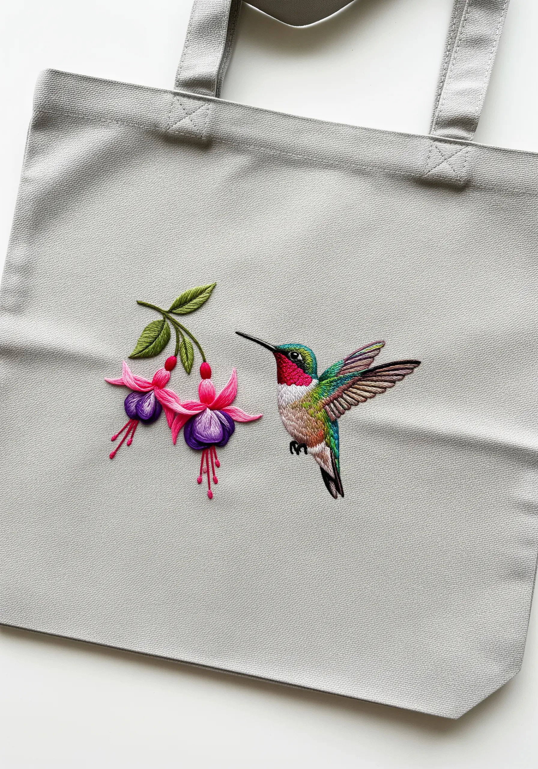 Finely detailed hummingbird and fuchsia flowers embroidered on a light gray tote bag.