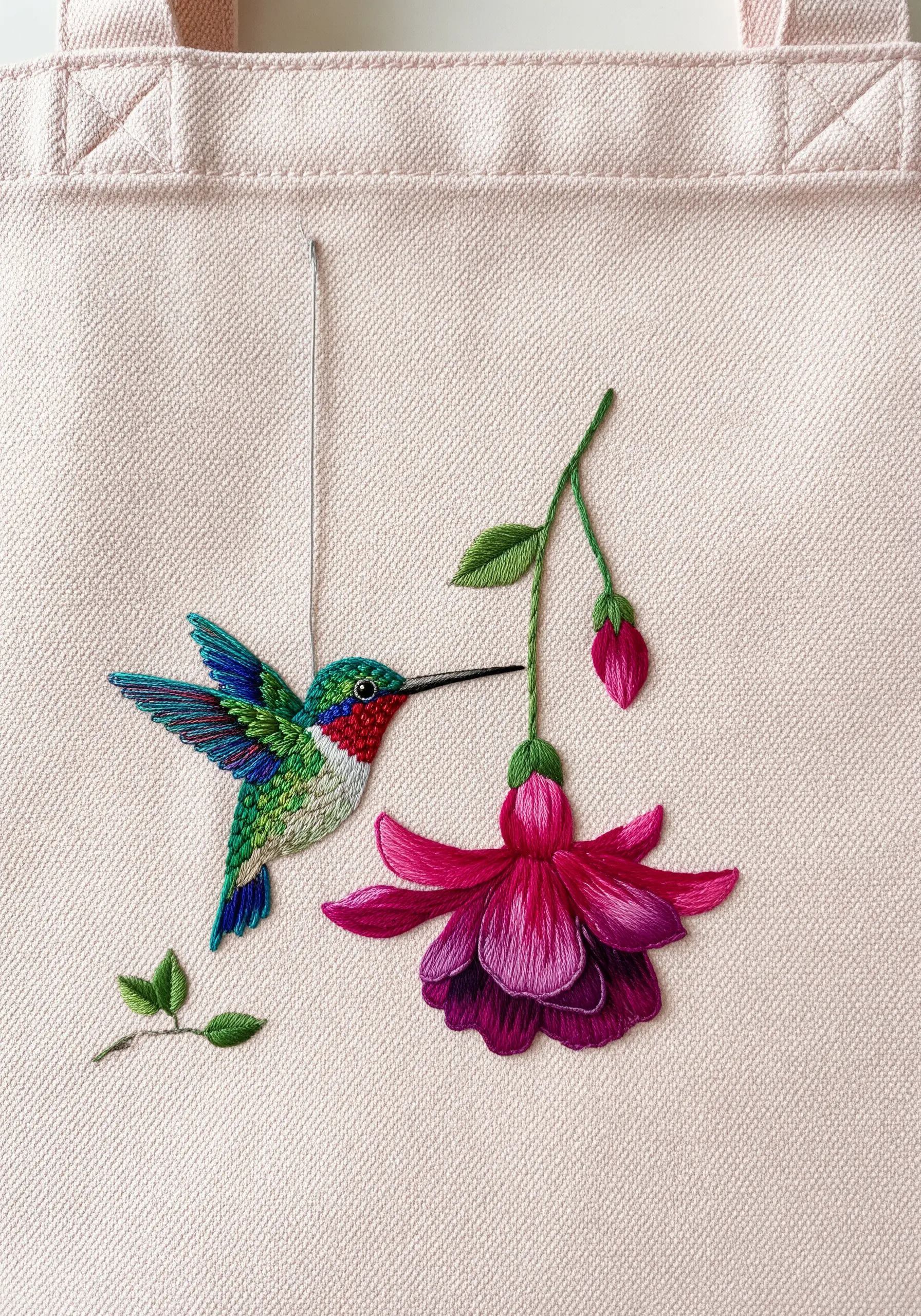 A detailed, iridescent embroidered hummingbird sipping from a fuchsia flower