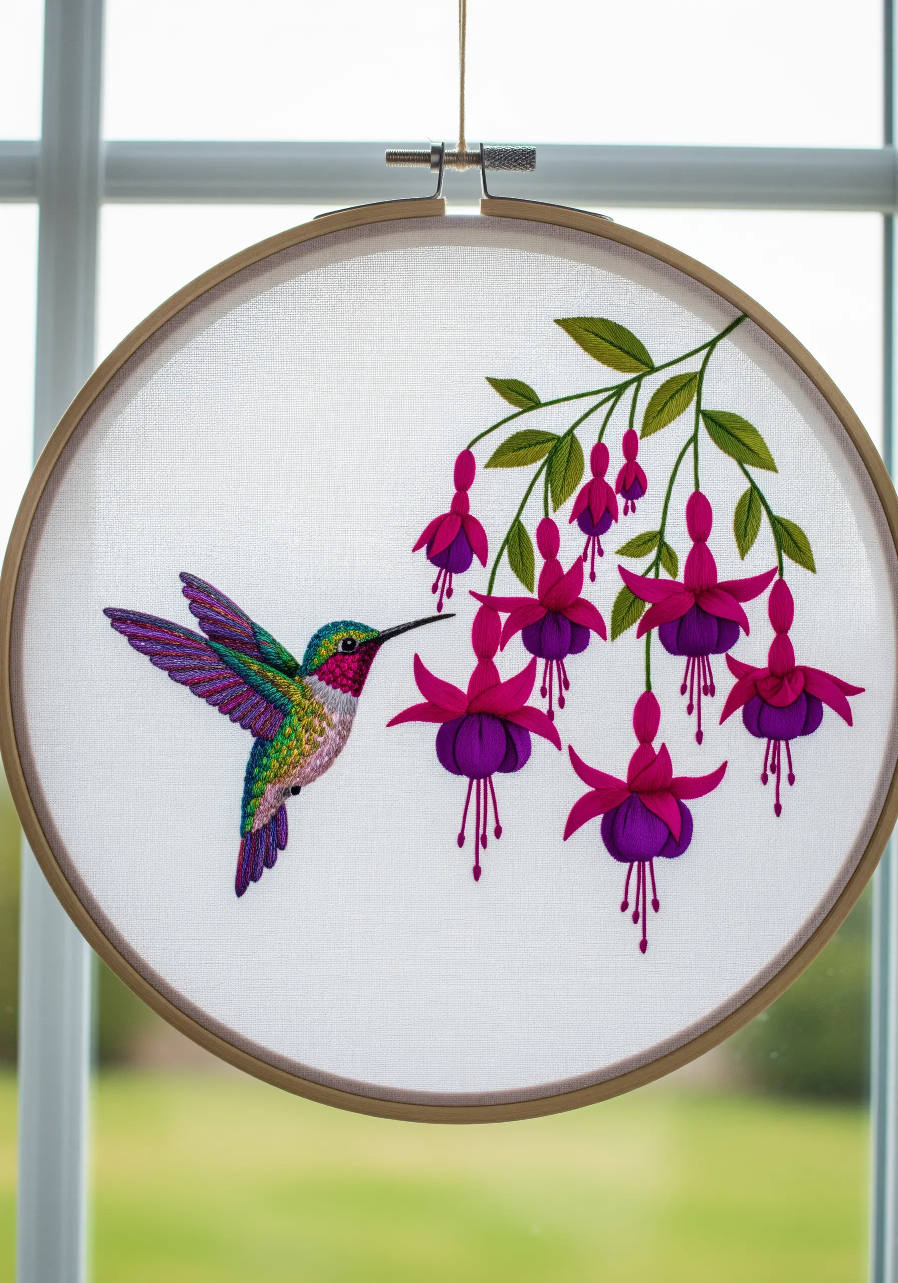 Embroidery of a colorful hummingbird feeding from 3D fuchsia flowers.