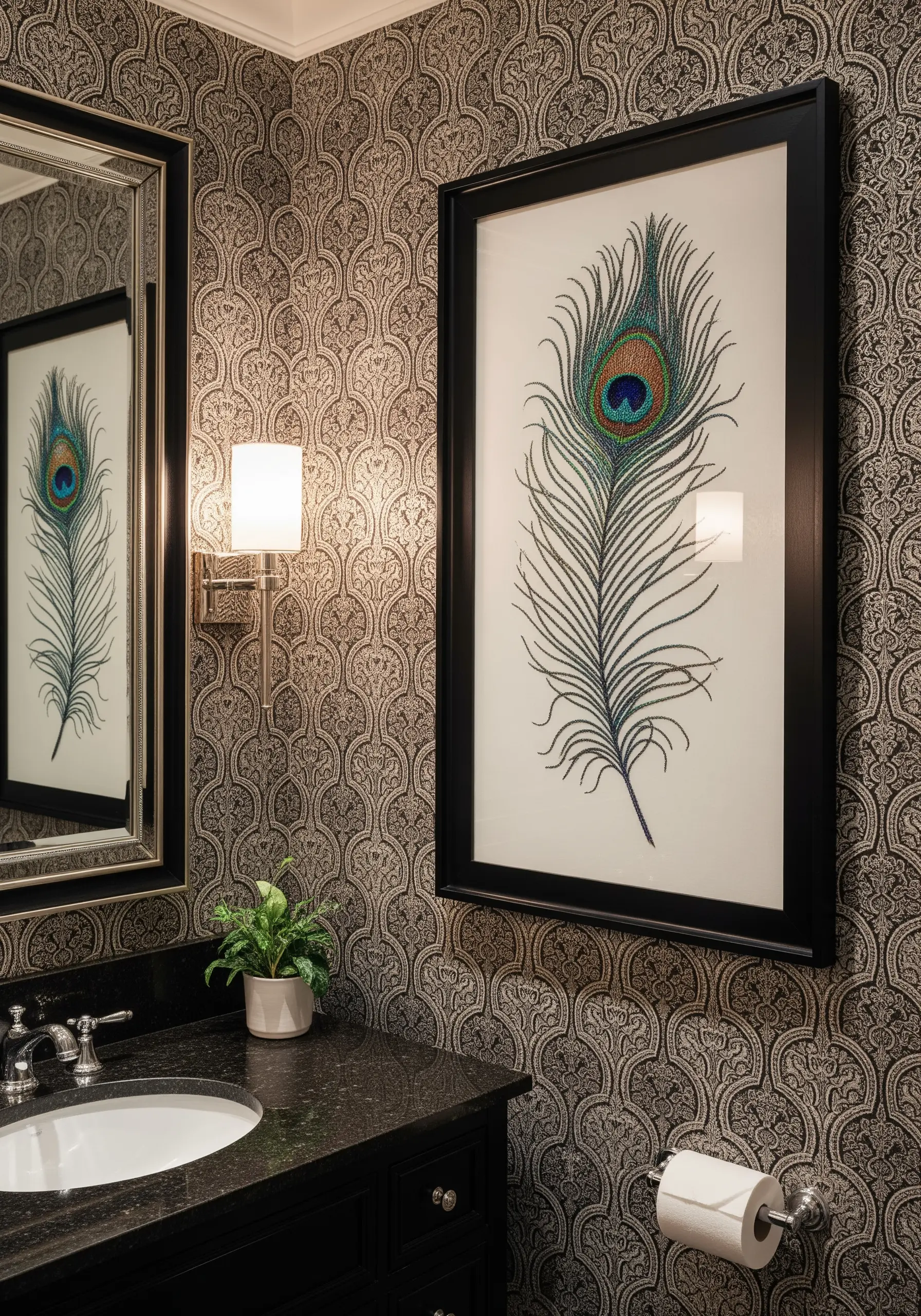 A large, detailed embroidery of a single peacock feather in a black frame.