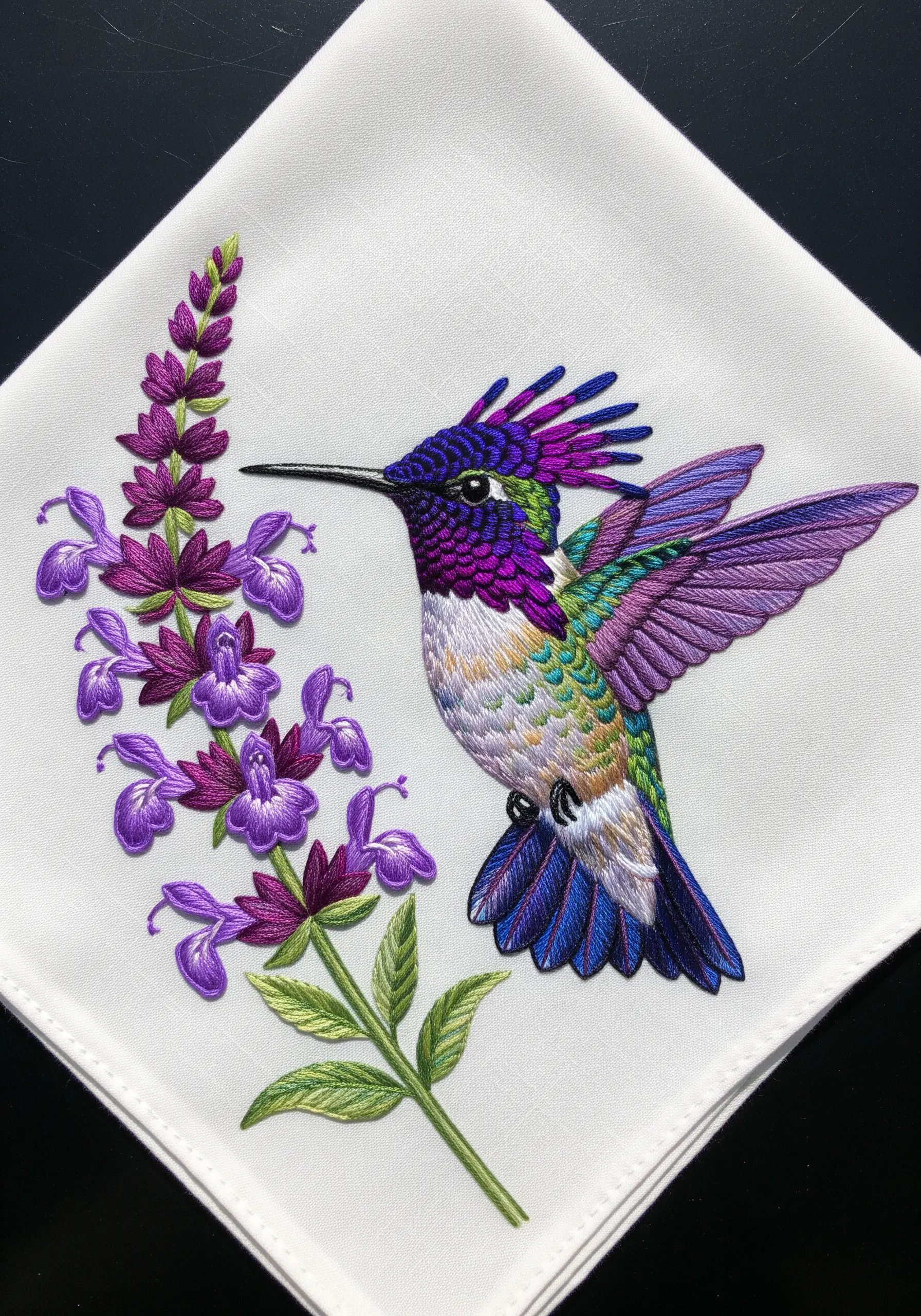 An iridescent hummingbird with a purple crest and bright feathers.