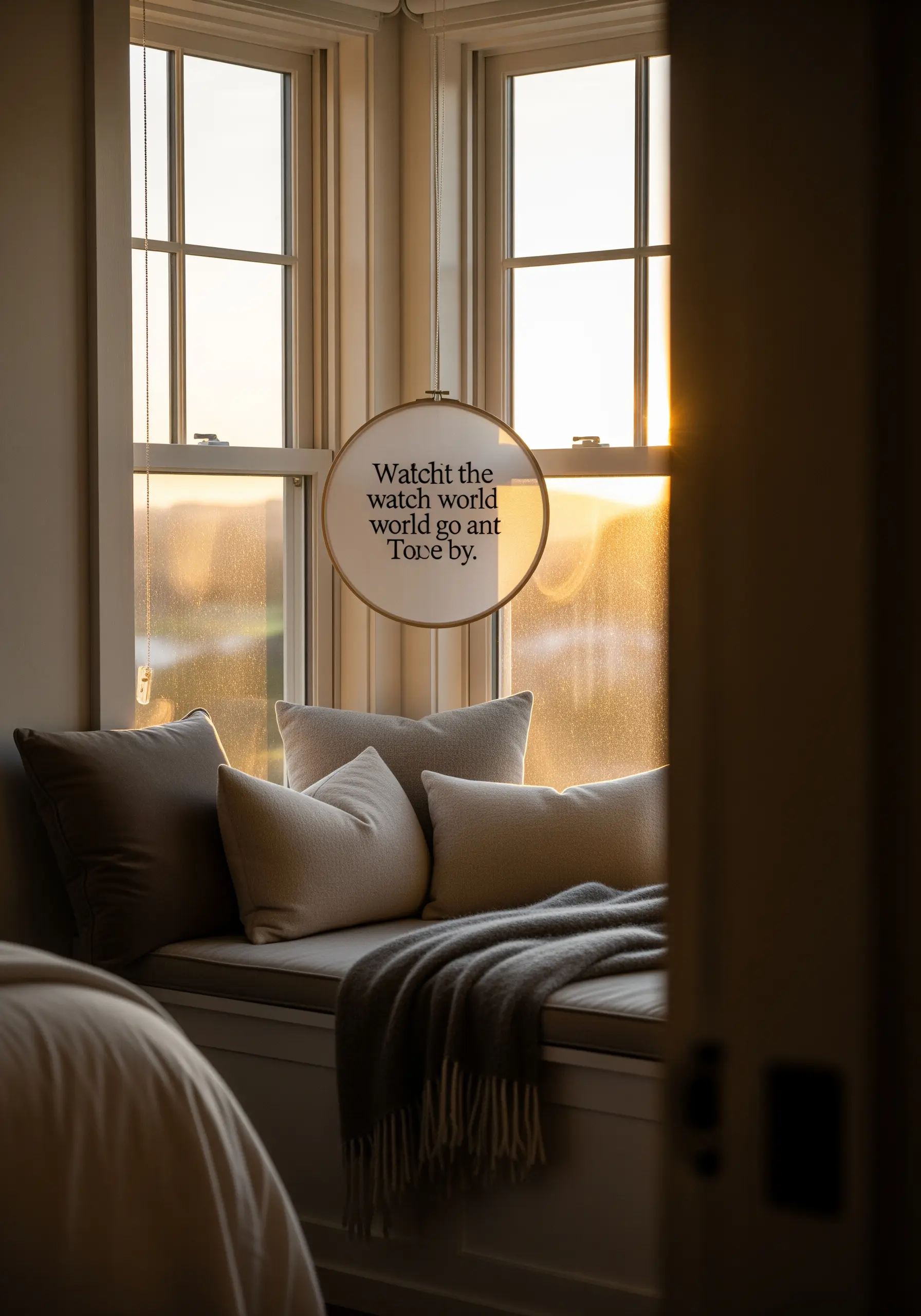 Embroidered quote on sheer fabric in a hoop, hanging in a sunlit window.