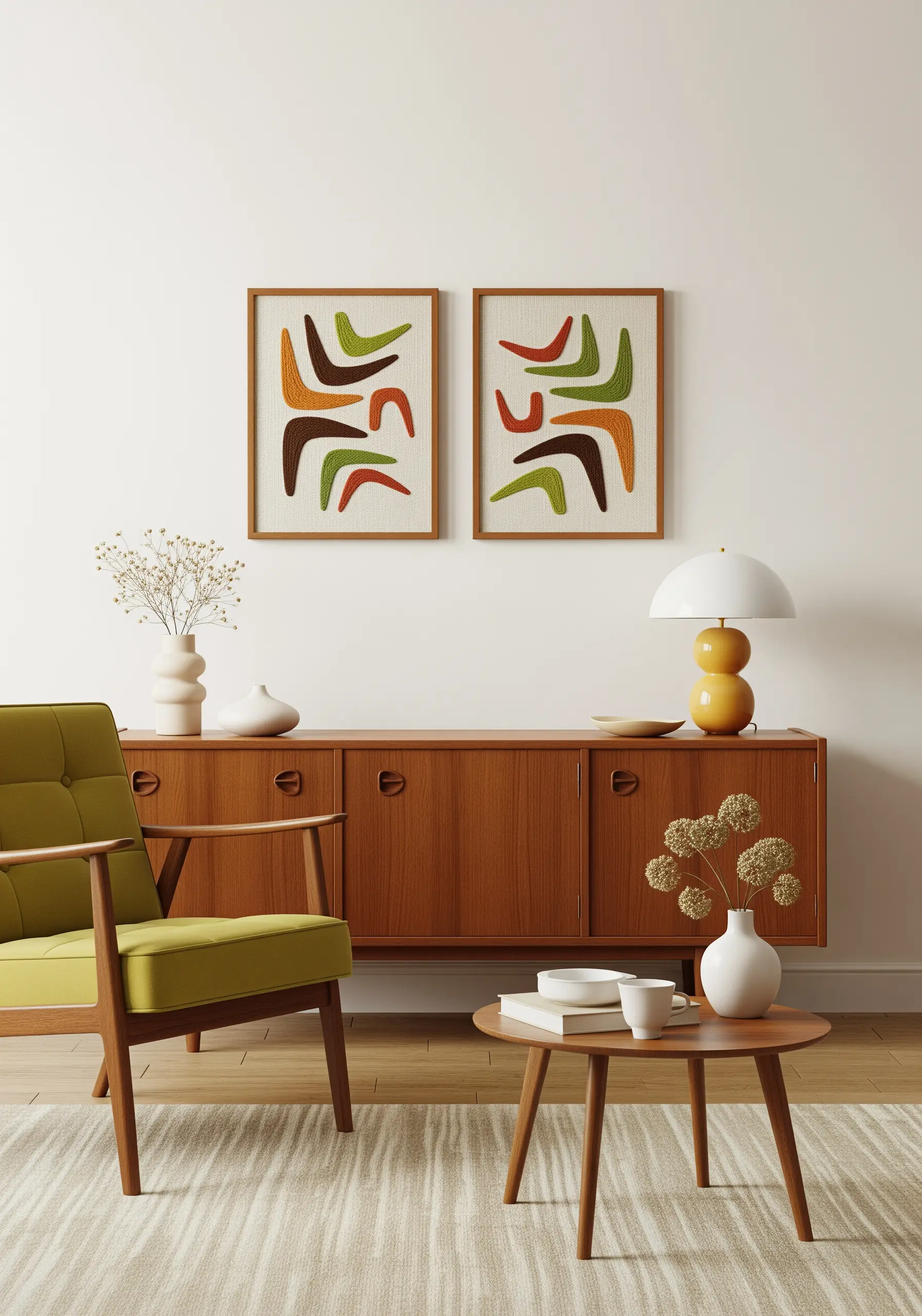 A pair of framed embroideries with Mid-Century Modern abstract shapes in retro colors.