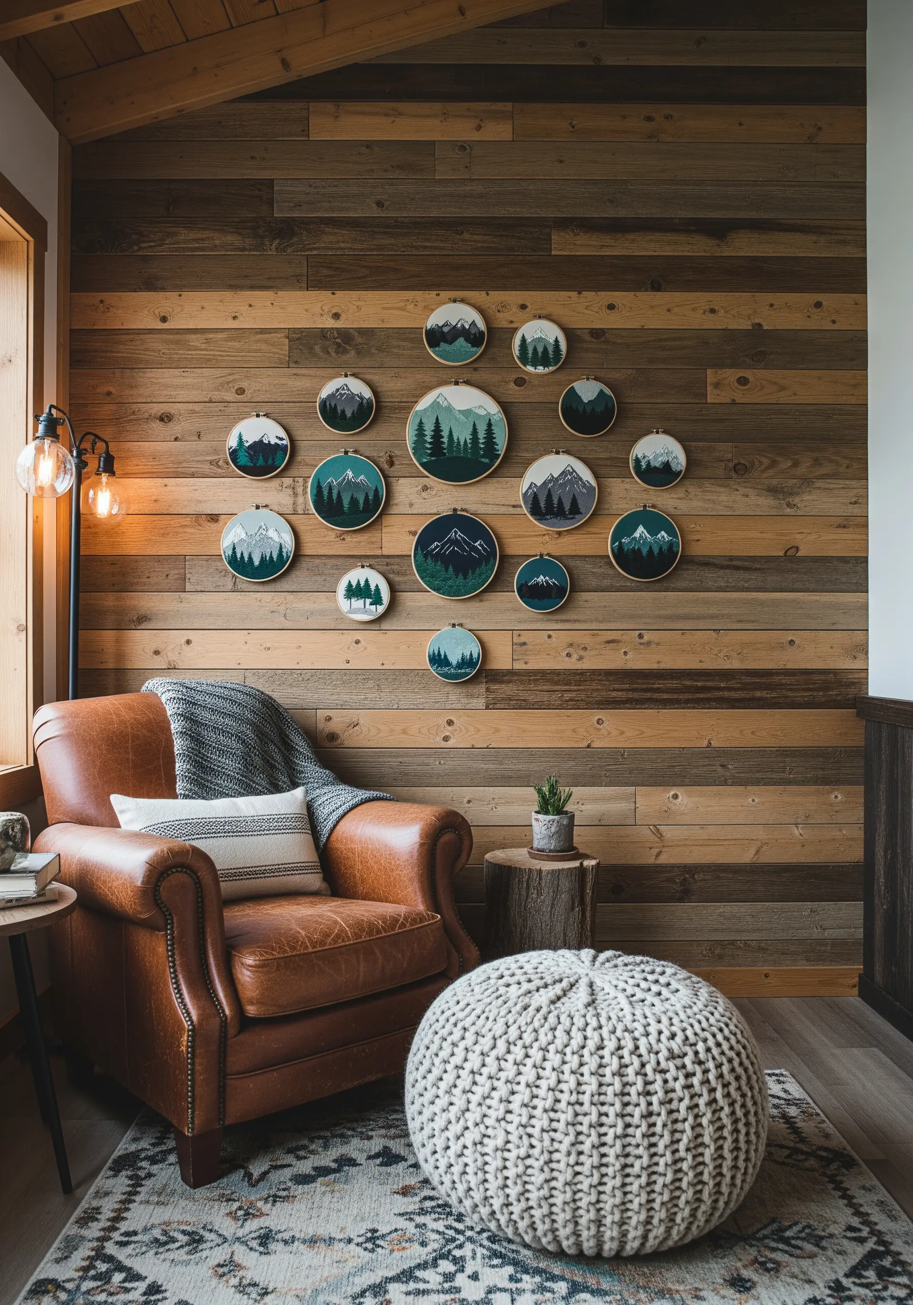 A collection of embroidery hoops with mountain and forest scenes against a dark wood wall.