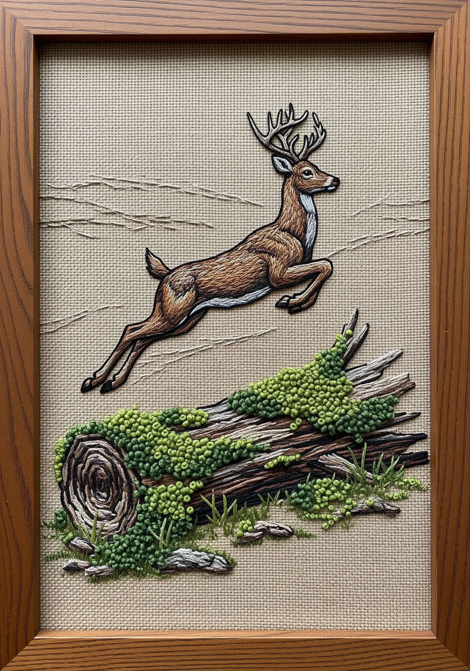 Embroidery of a leaping deer over a mossy log with French knot details