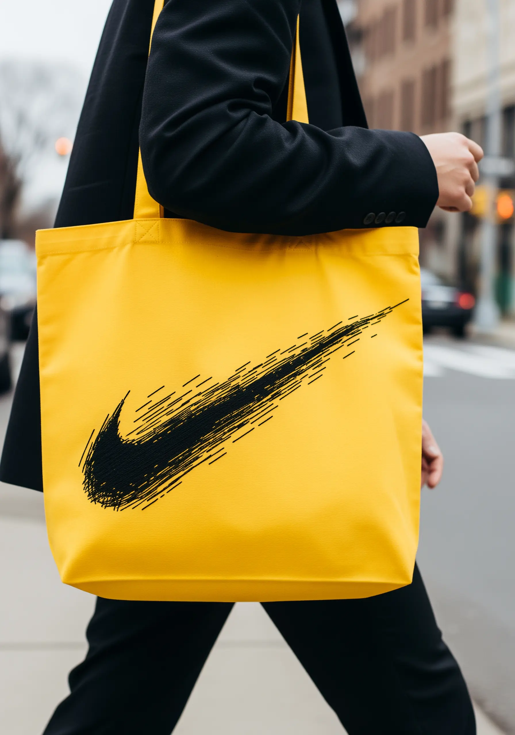 A sketchy, scribble-stitched Nike swoosh in black thread on a yellow tote.