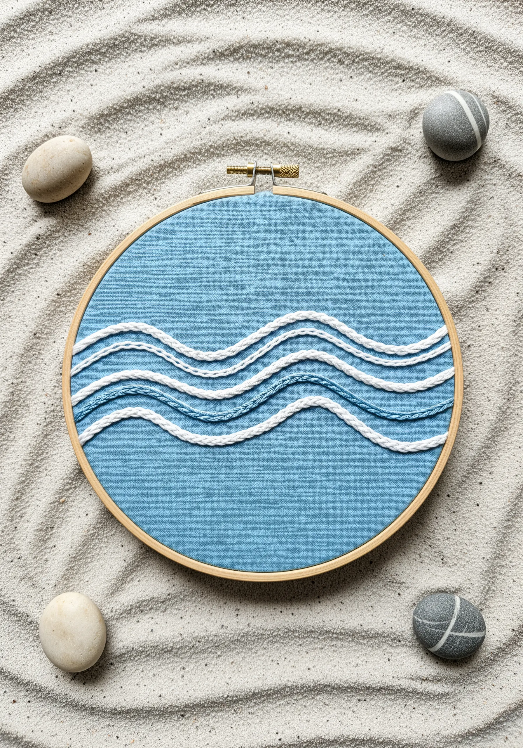 Stylized ocean waves in white and blue textured stitches on blue fabric in a hoop.