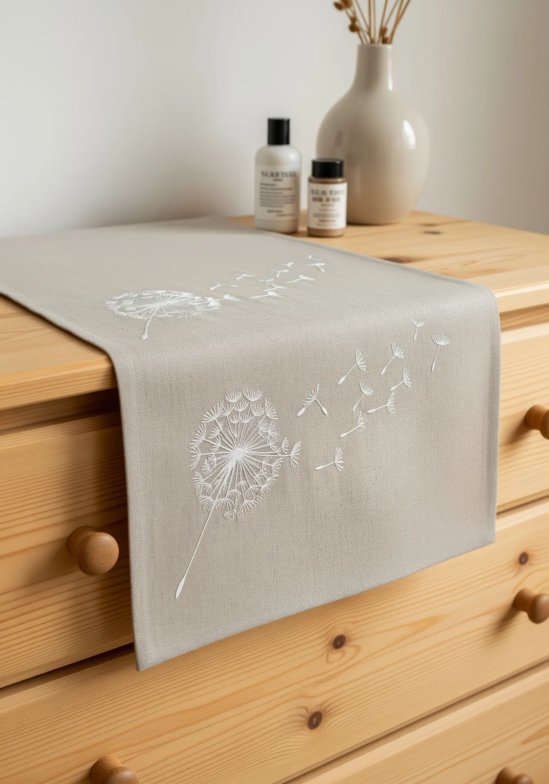A white embroidery of a dandelion with seeds blowing away, stitched on a neutral linen table runner.