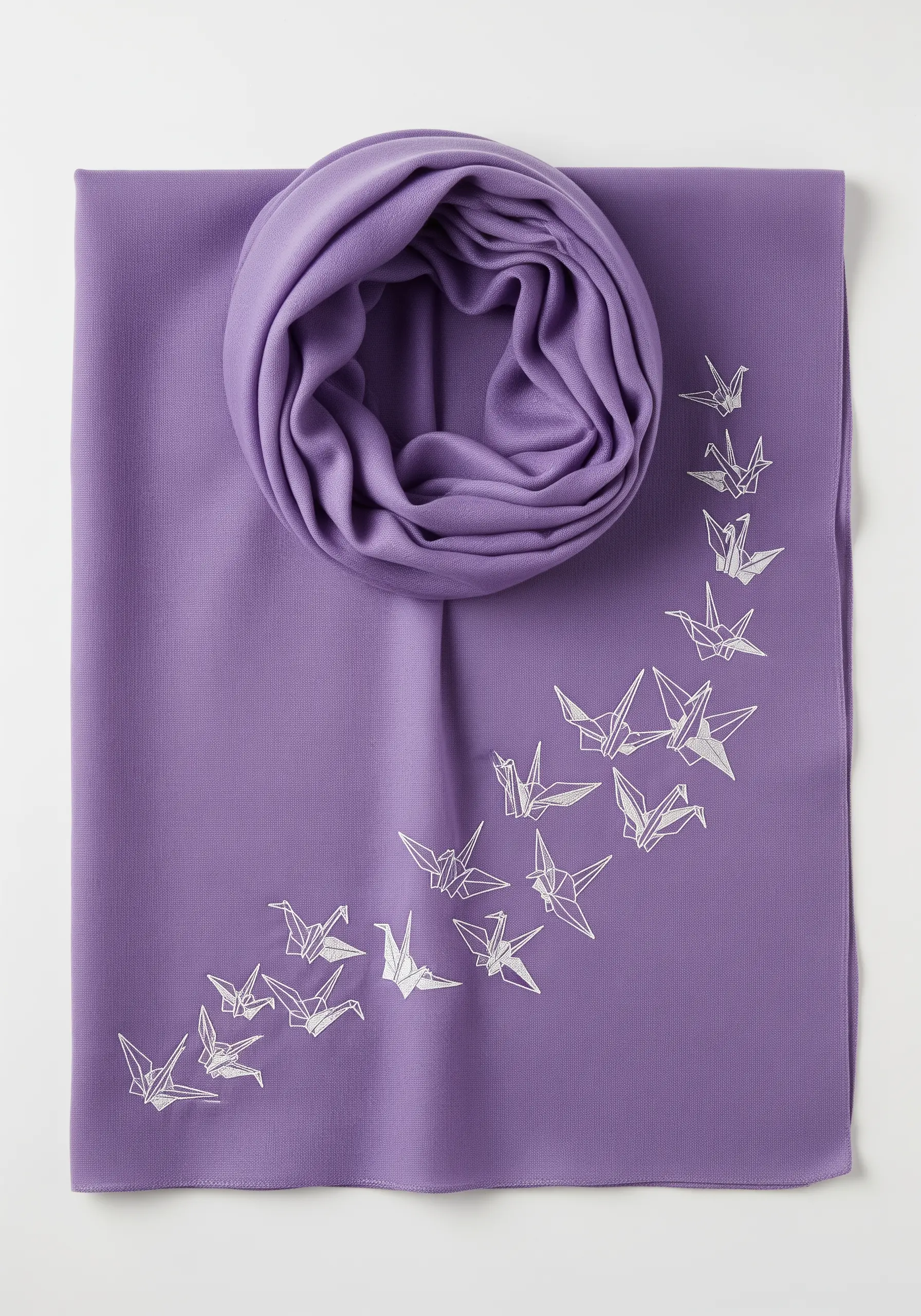A flock of white origami cranes embroidered in a flowing pattern on a purple scarf.