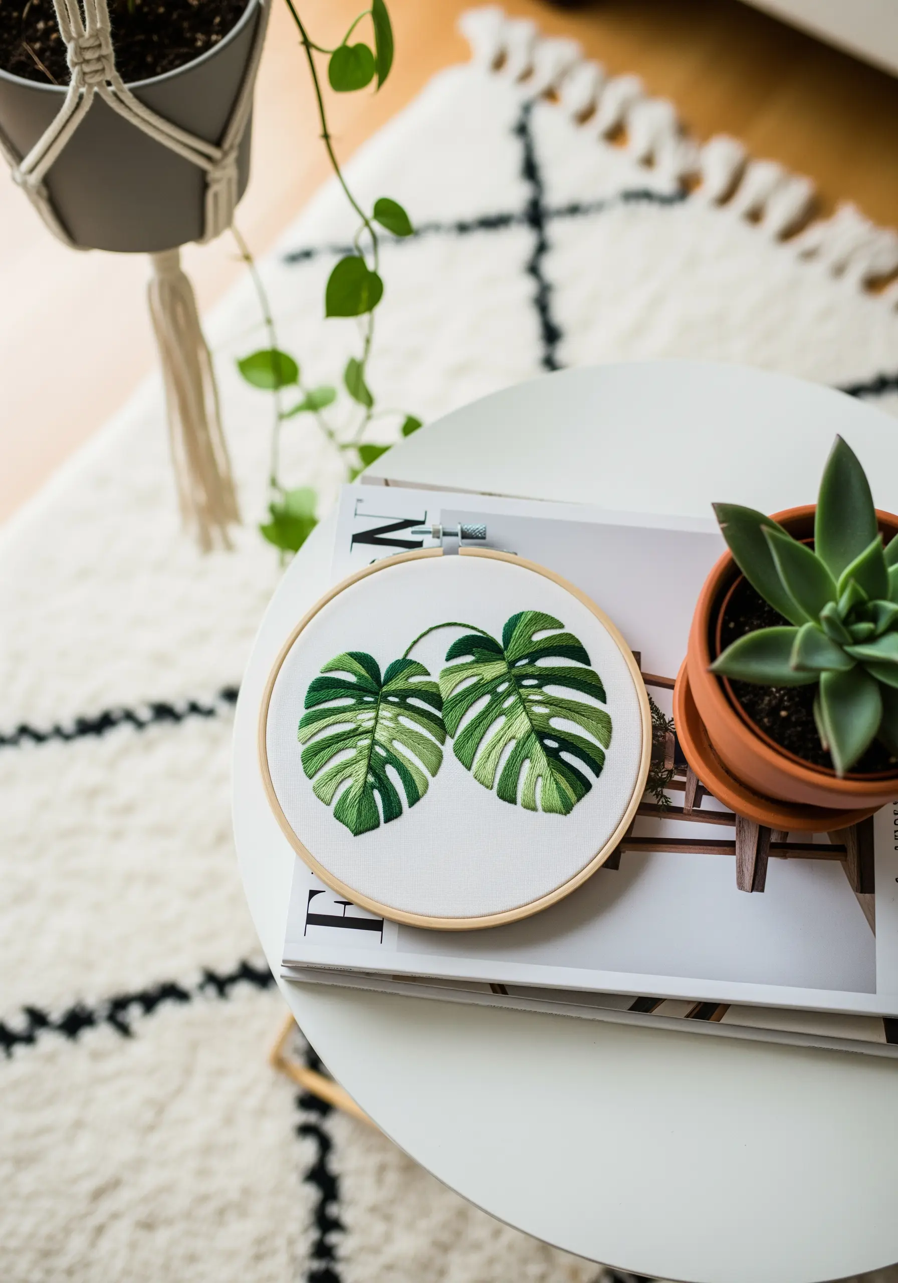 Hoop art with two embroidered Monstera leaves showcasing blended green threads.
