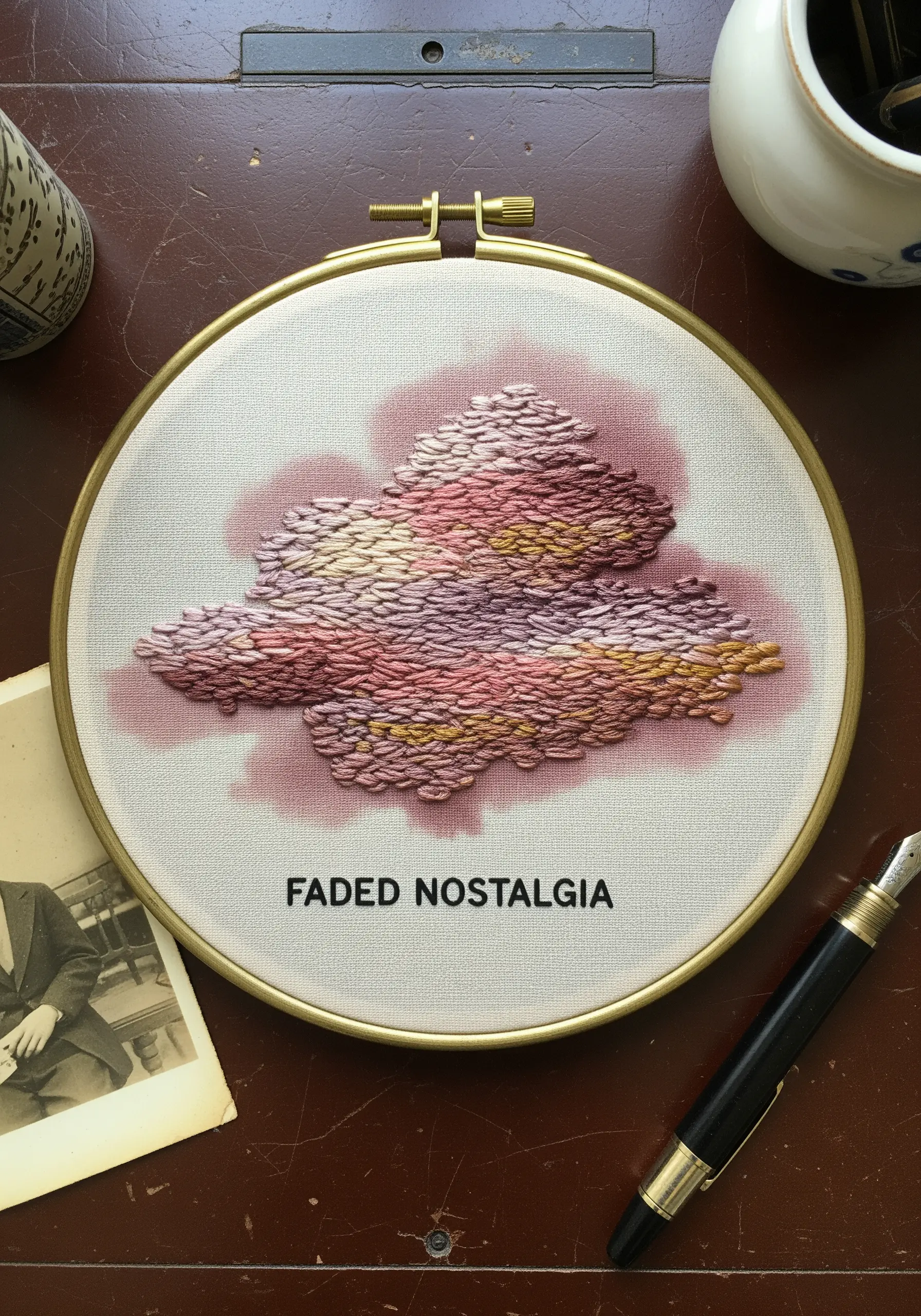 A cloud of textural seed stitch in pink and gold over a watercolor wash on canvas.