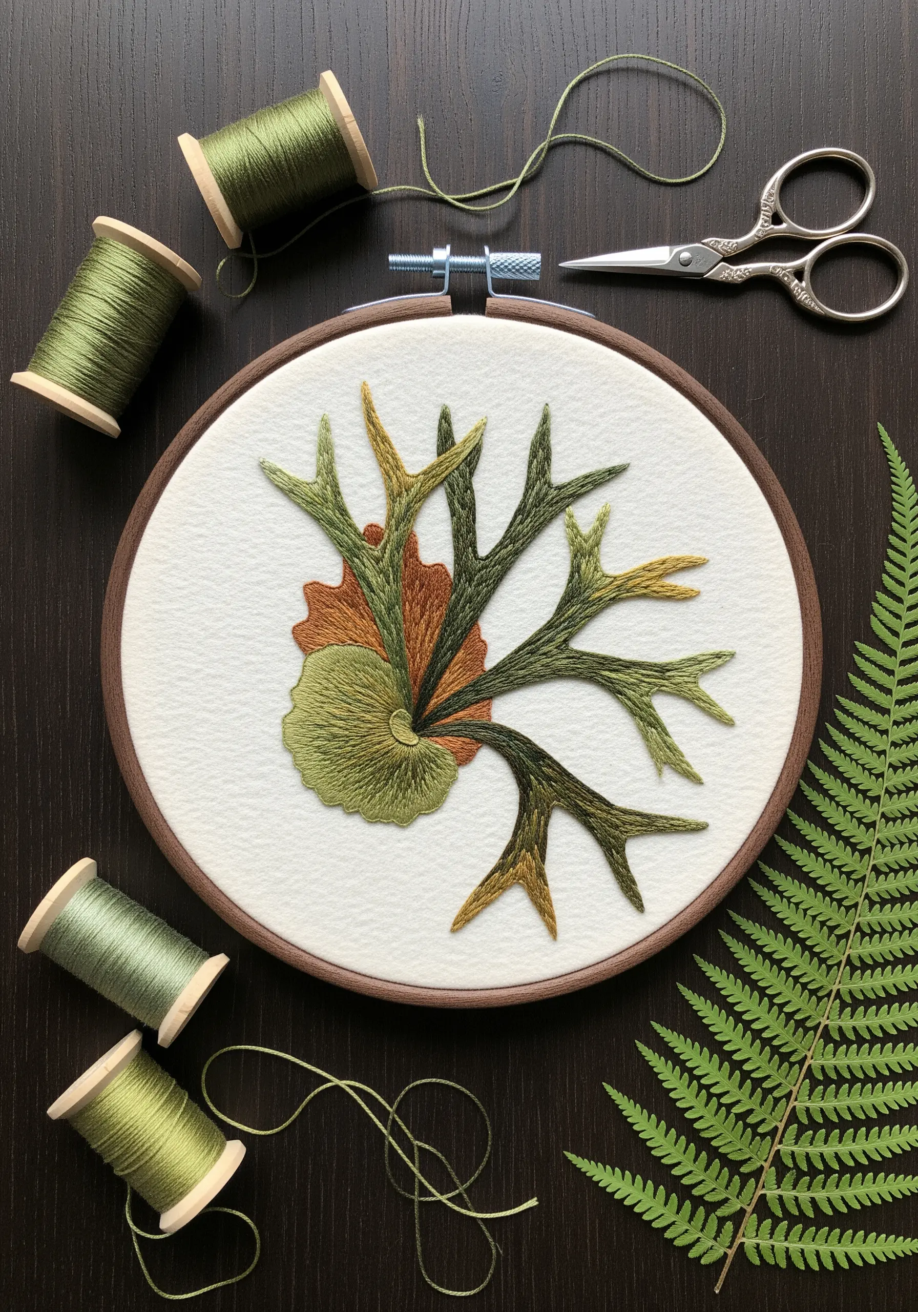 Embroidery of a staghorn fern with varied textures in green, brown, and gold thread.
