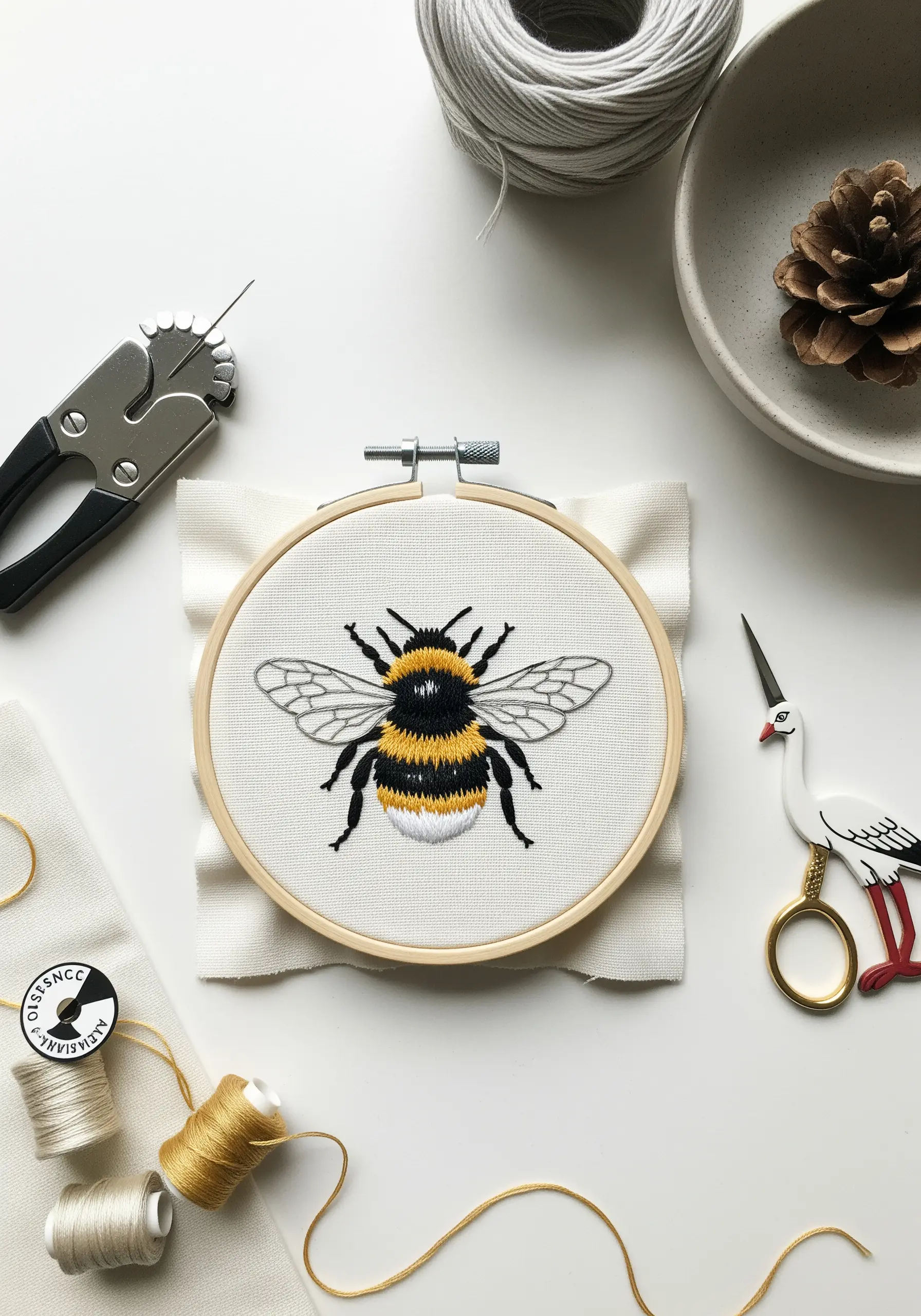 A highly detailed, thread-painted bumblebee embroidered in a hoop on off-white fabric.