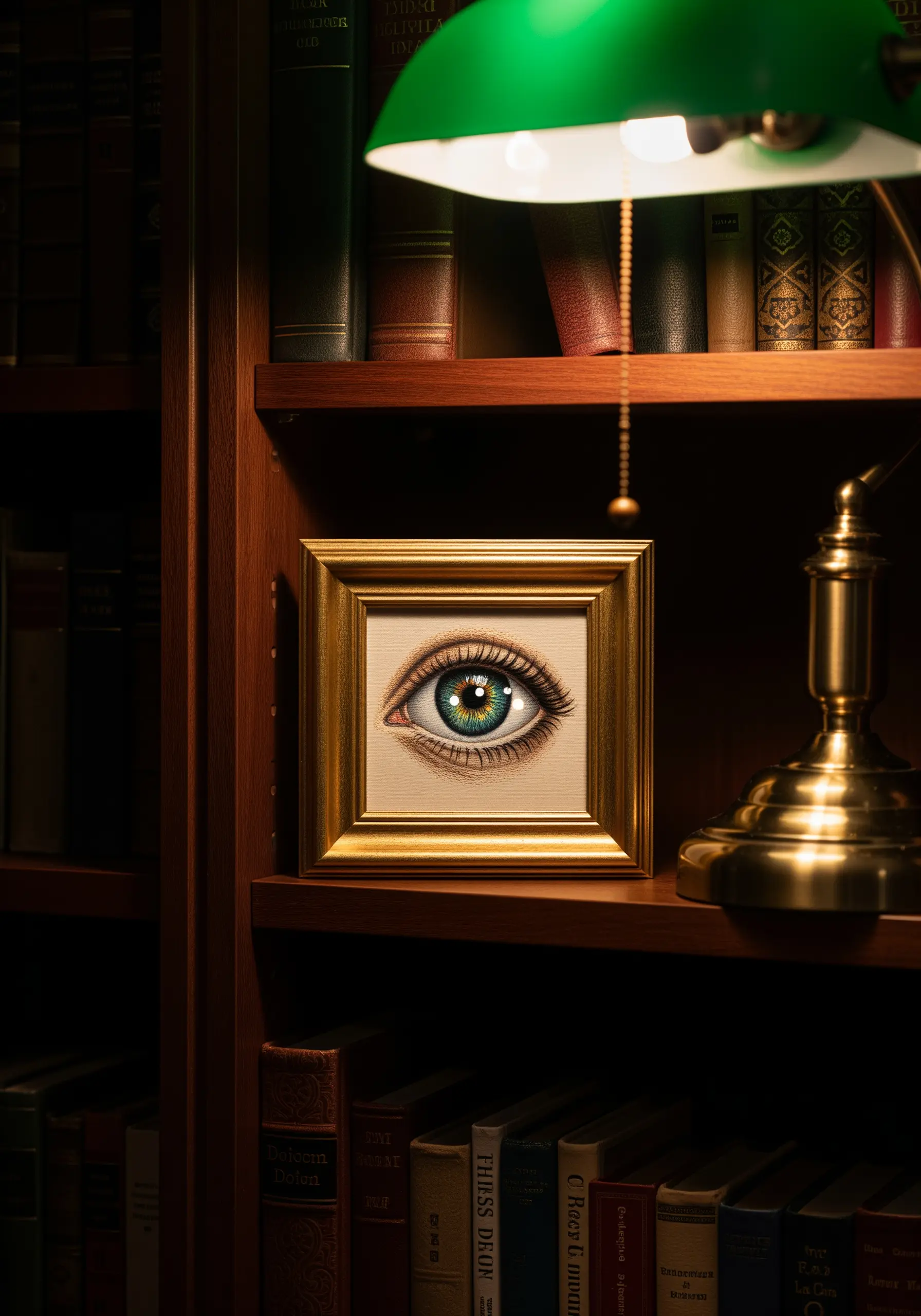 A small, ornately framed embroidery of a hyper-realistic human eye on a bookshelf.