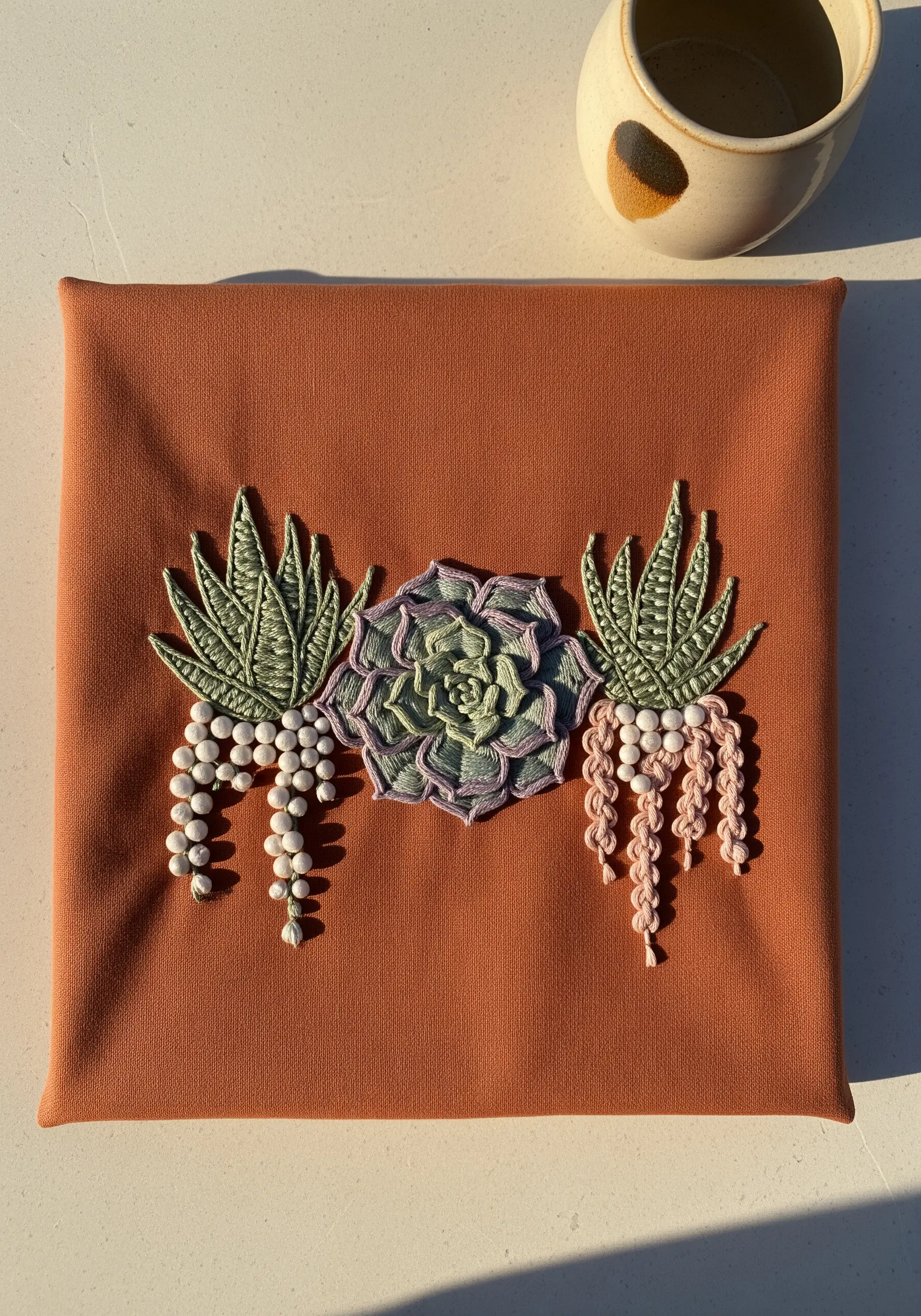 Embroidered succulents with woven stitch details and beaded 'string of pearls' accents.