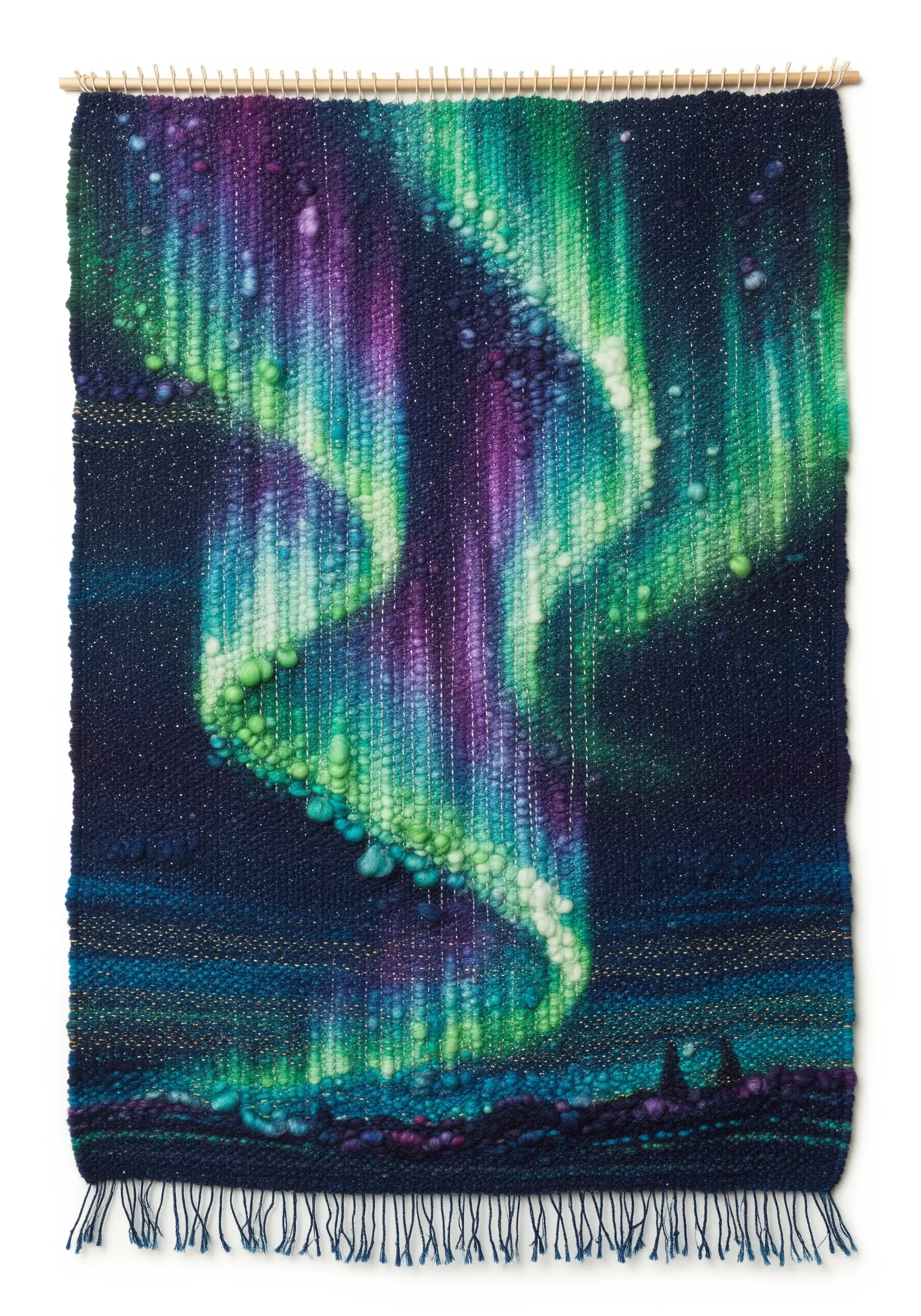 Woven wall hanging depicting the Northern Lights in green and purple hues.